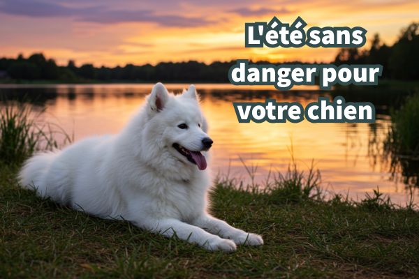 Samoyede allongé dans lherbe près d'un lac au coucher du soleil