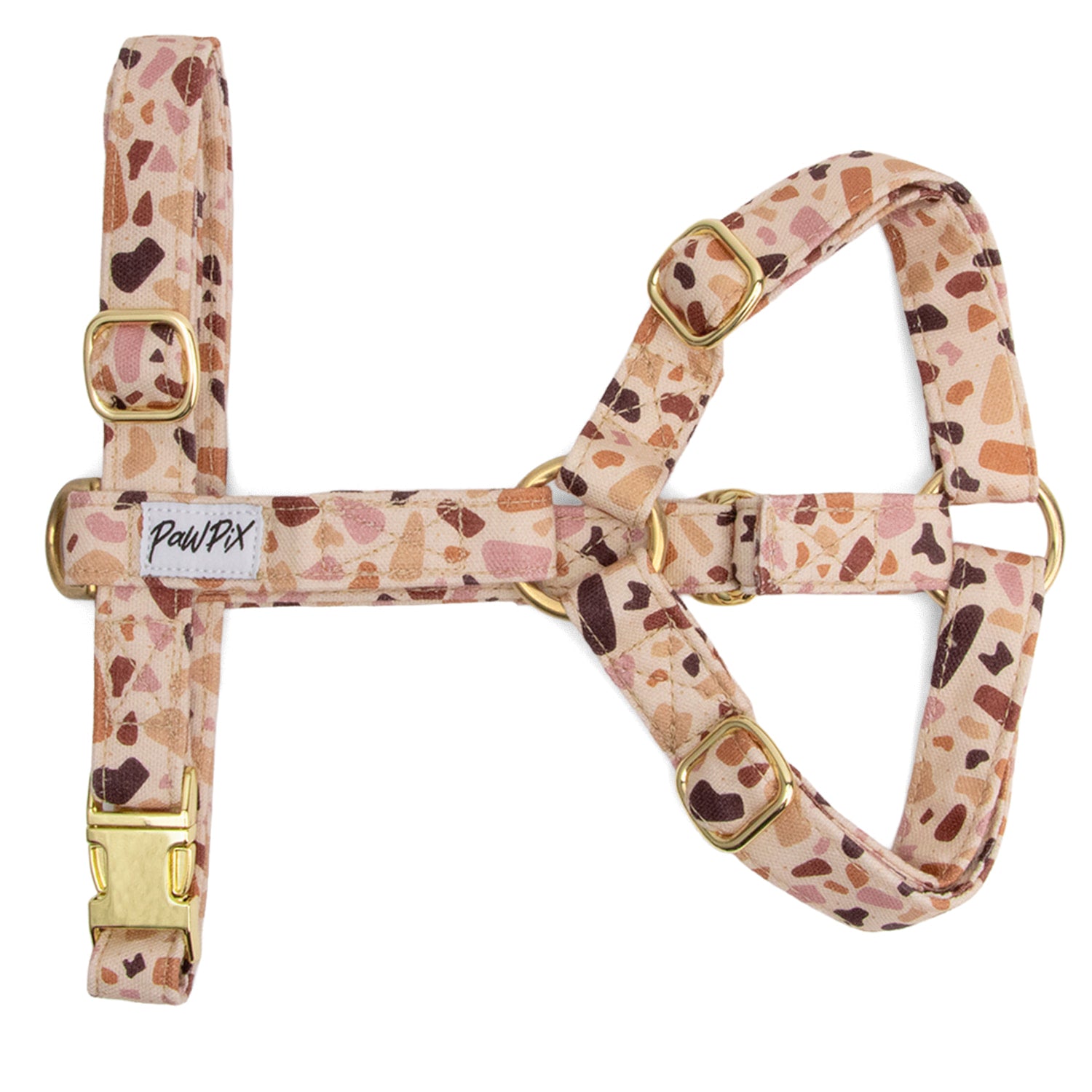 Harnais en Y pour chien Pawpino : Motif terrazzo graphique avec des tons marron/rose. Le harnais pour chien  possède des boucles couleur or