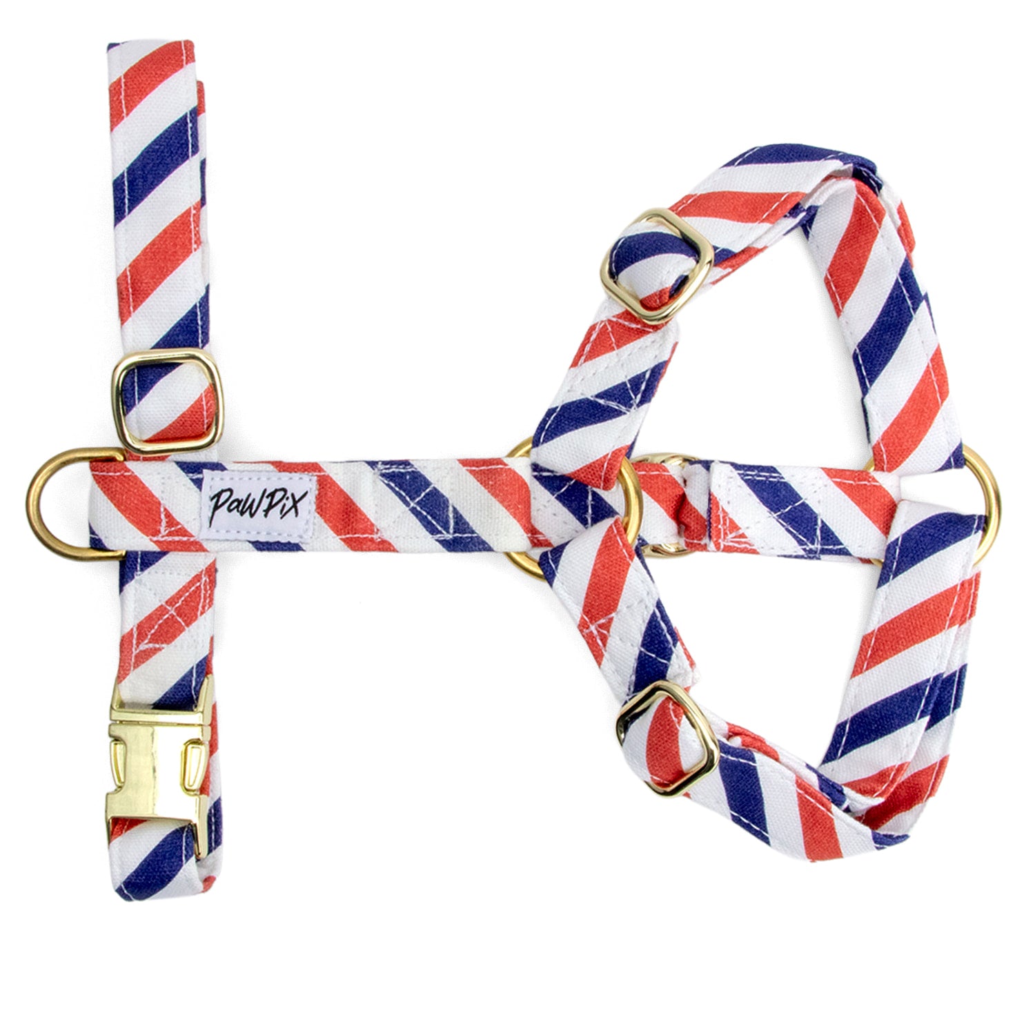Harnais en Y pour chien Pawtropte : Motif rayures bleu blanc rouge. Les boucles sont couleurs or