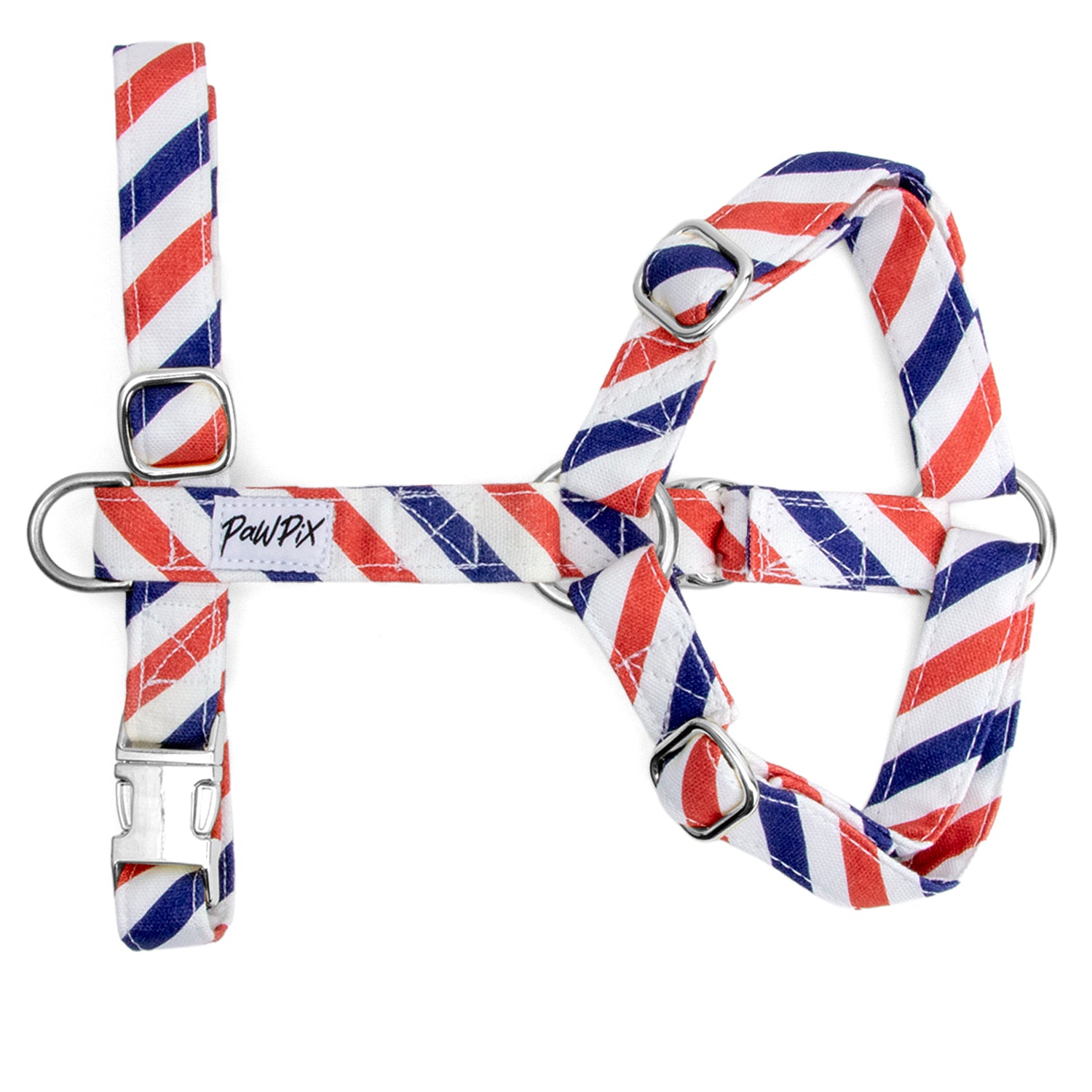 Harnais en Y pour chien Pawtriote: Motif rayures bleu blanc rouge. Les boucles du harnais chien sont argentés