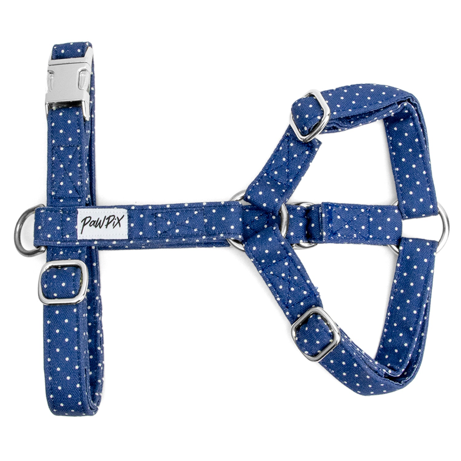 Harnais pour chien Polaris. Design bleu marine avec des pois blancs. Le harnais comprends 3 boucles de serrage, 2 anneaux en D et une boucle clips pour fermer le harnais, le tout couleur argent