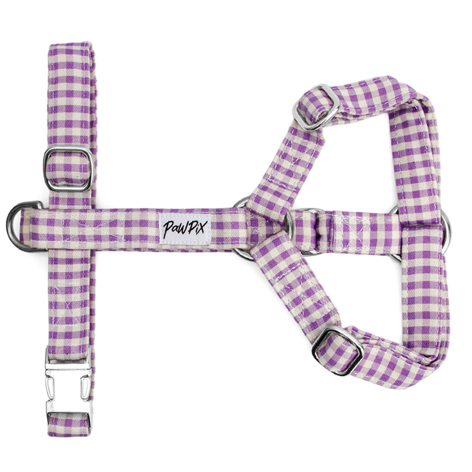 Harnais pour chien en Y Cigalou. Motif vichy violet clair. Il comporte des boucles couleur argentés,