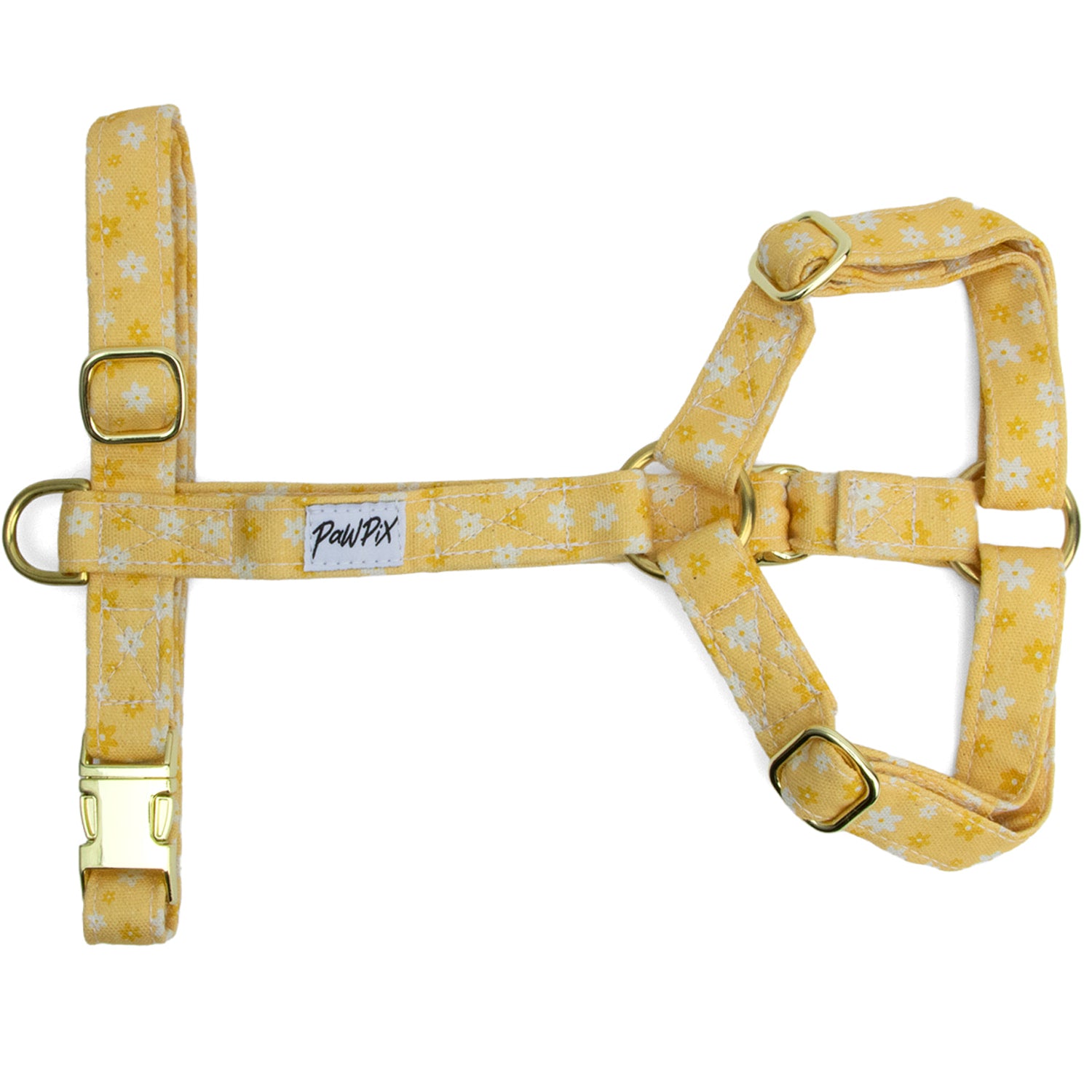Harnais pour chien Peachy Daisies et son motif marguerites blanches et jaunes sur fond couleur pêche. Harnais en Y