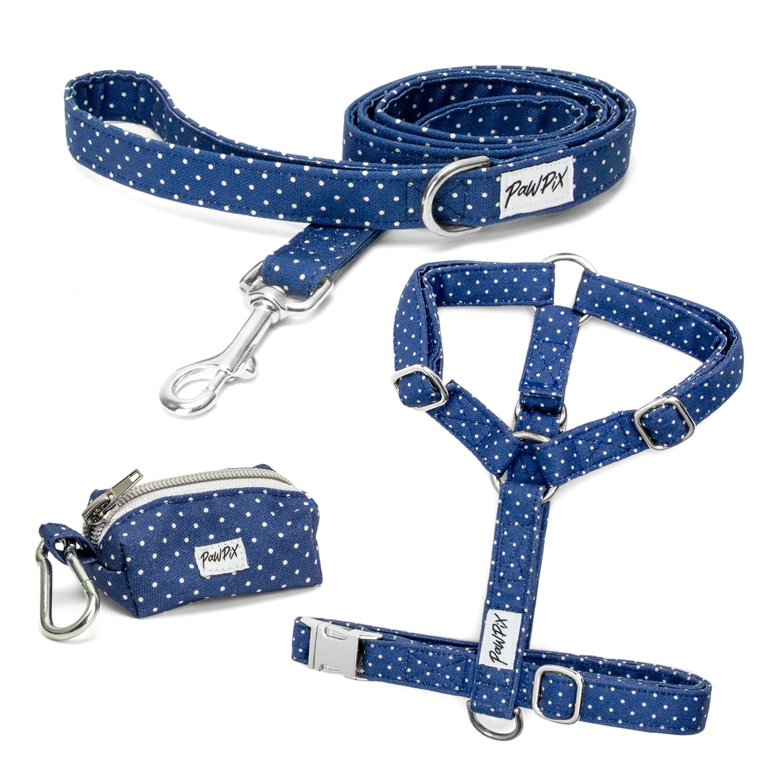 Kit harnais Polaris comprenant une laisse, un harnais en Y pour chien et une pochette sac à crottes couleur bleu marine avec des pois blancs. Les boucles sont argentés