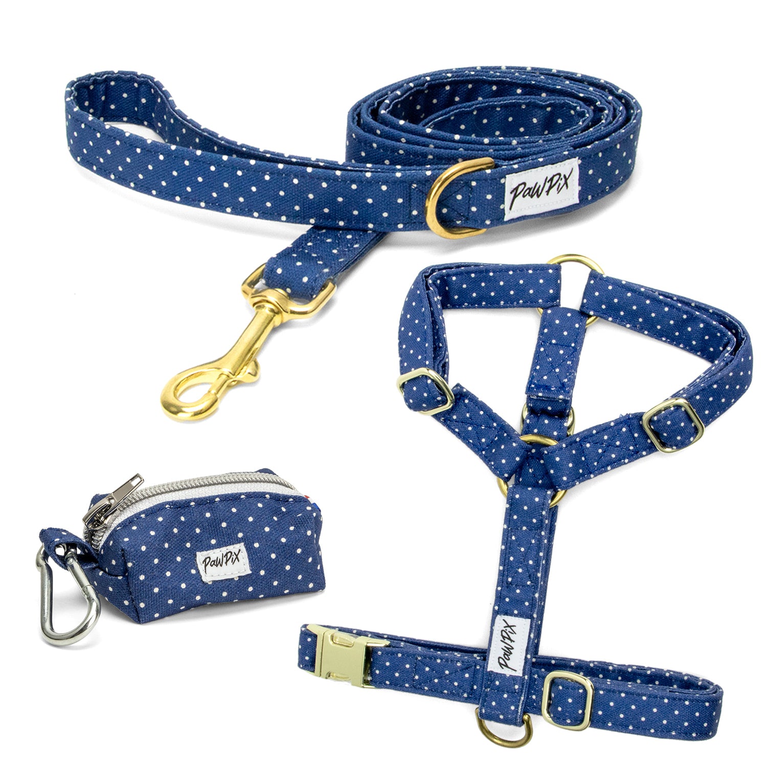 Kit harnais chien polaris comprenant une laisse, un harnais en Y et une pochette sac à crottes couleur bleu marine avec des pois blancs