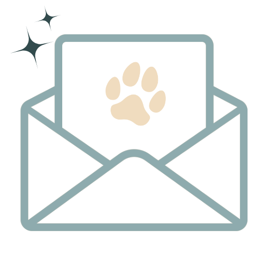 Icone newsletter Pawpix avec une enveloppe et une patte de chien ou chat sur les messages contenu dans l'enveloppe