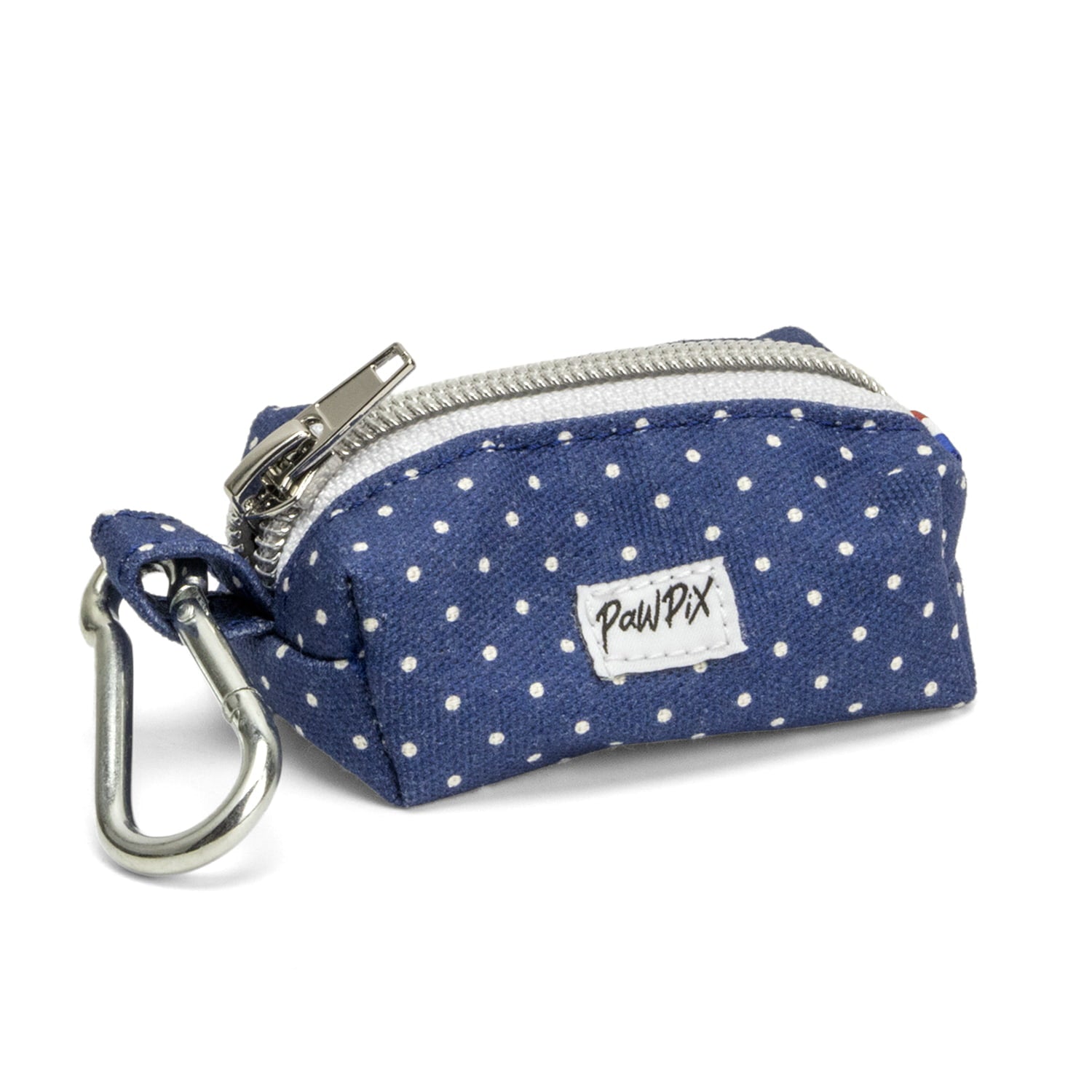 Pochette sac à crottes Polaris avec son fond bleu marine et ses pois blancs. Comprends un mousqueton pour pouvoir accrocher à la laisse