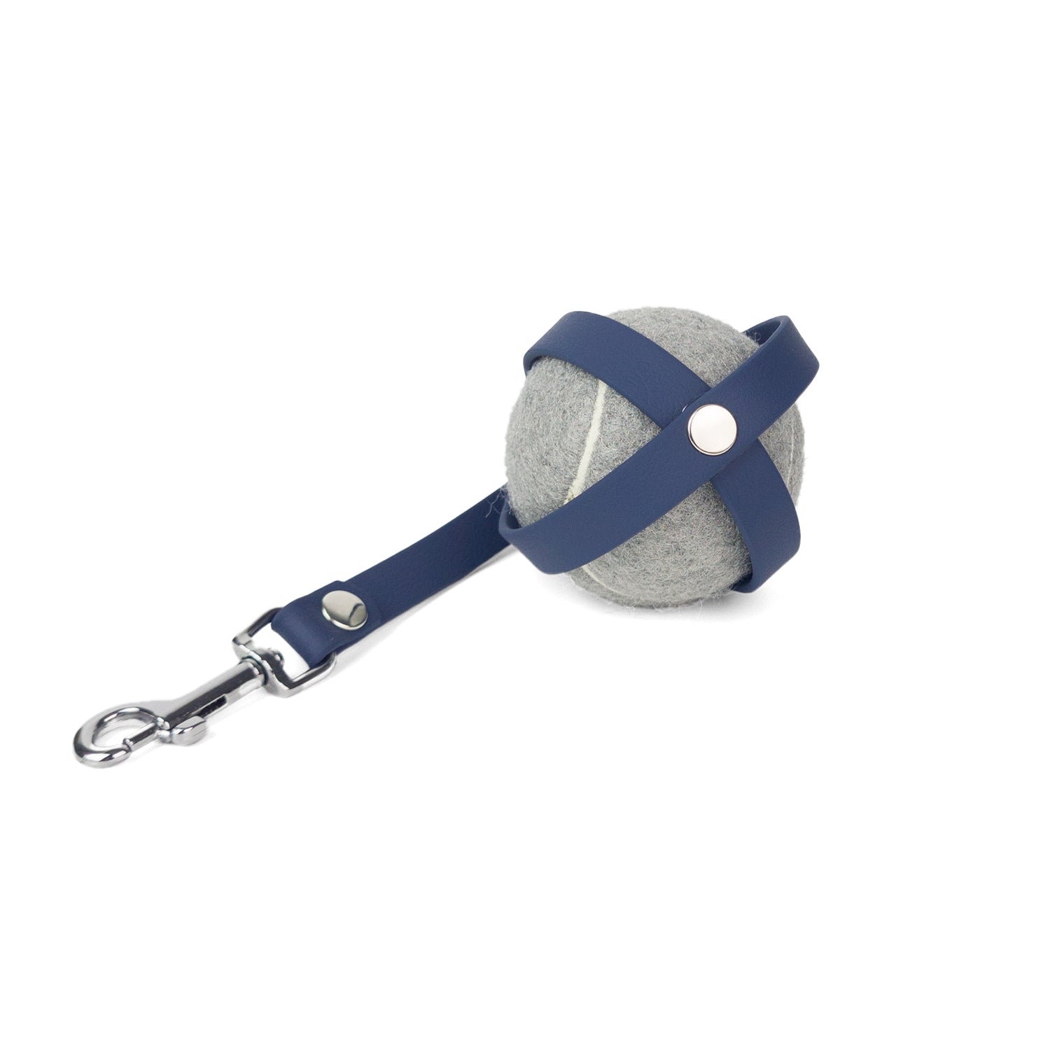 Porte balle bleu navy avec un mousqueton chromé pour attaché l'accessoire à la laisse