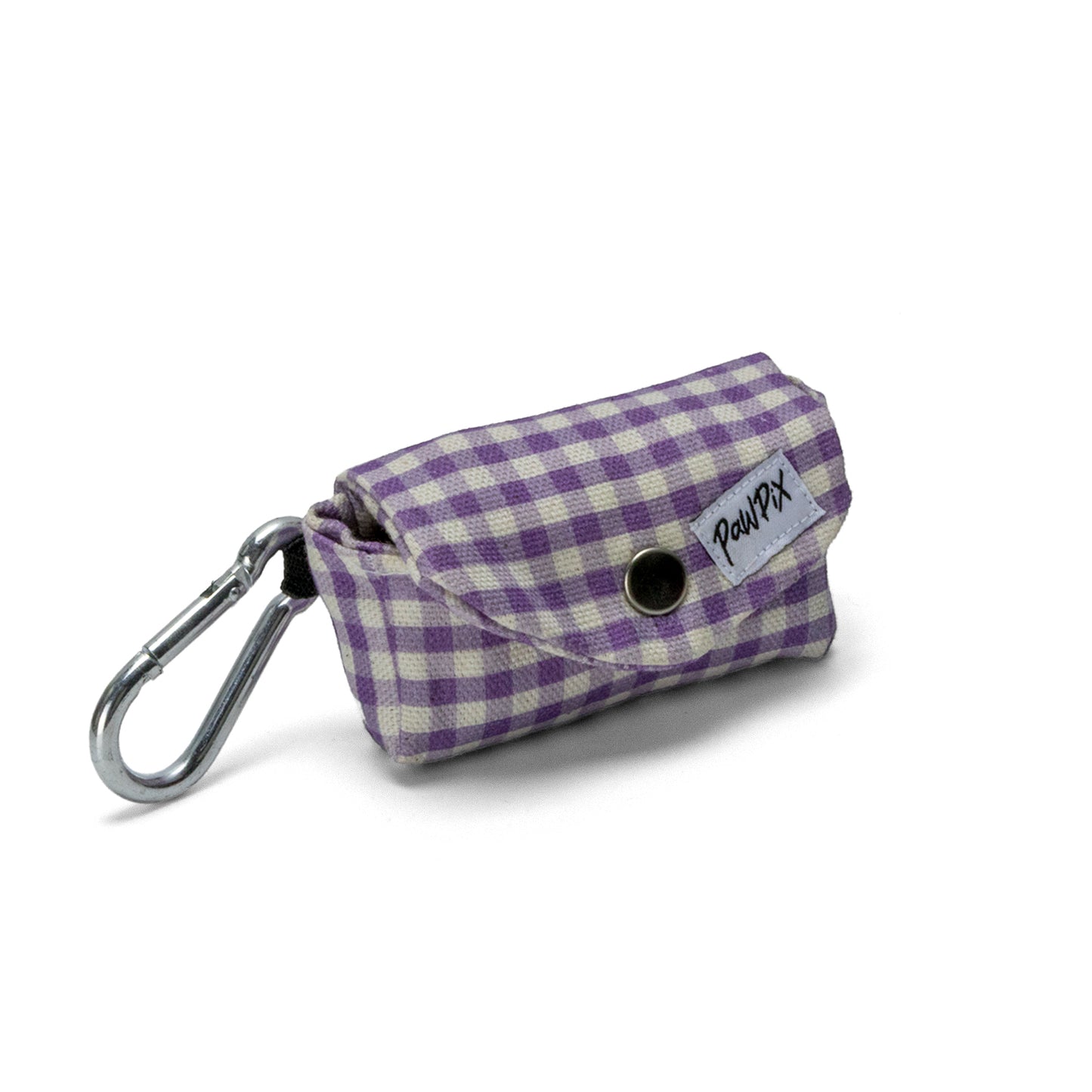 Vue avant de la pochette sacs à crottes Cigalou. Se ferme avec un bouton pression et peut s'accrocher grâce à un anneau clips. Motif vichy violet clair