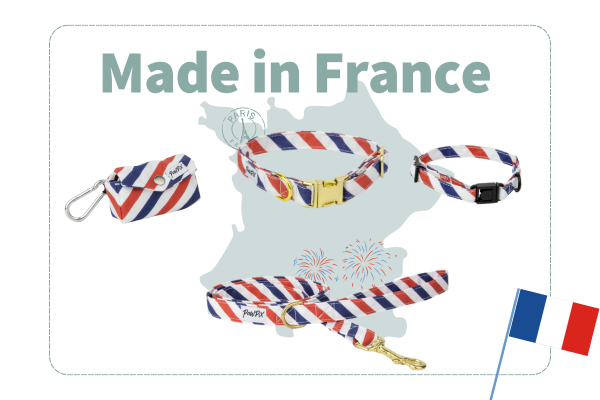 Accessoires fabriqués en France par Pawpix : Laisse, collier pour chien et chat, pochettes sac à crottes. Mise en avant de la gamme Pawtriote, au motif rayé bleu, blanc et rouge