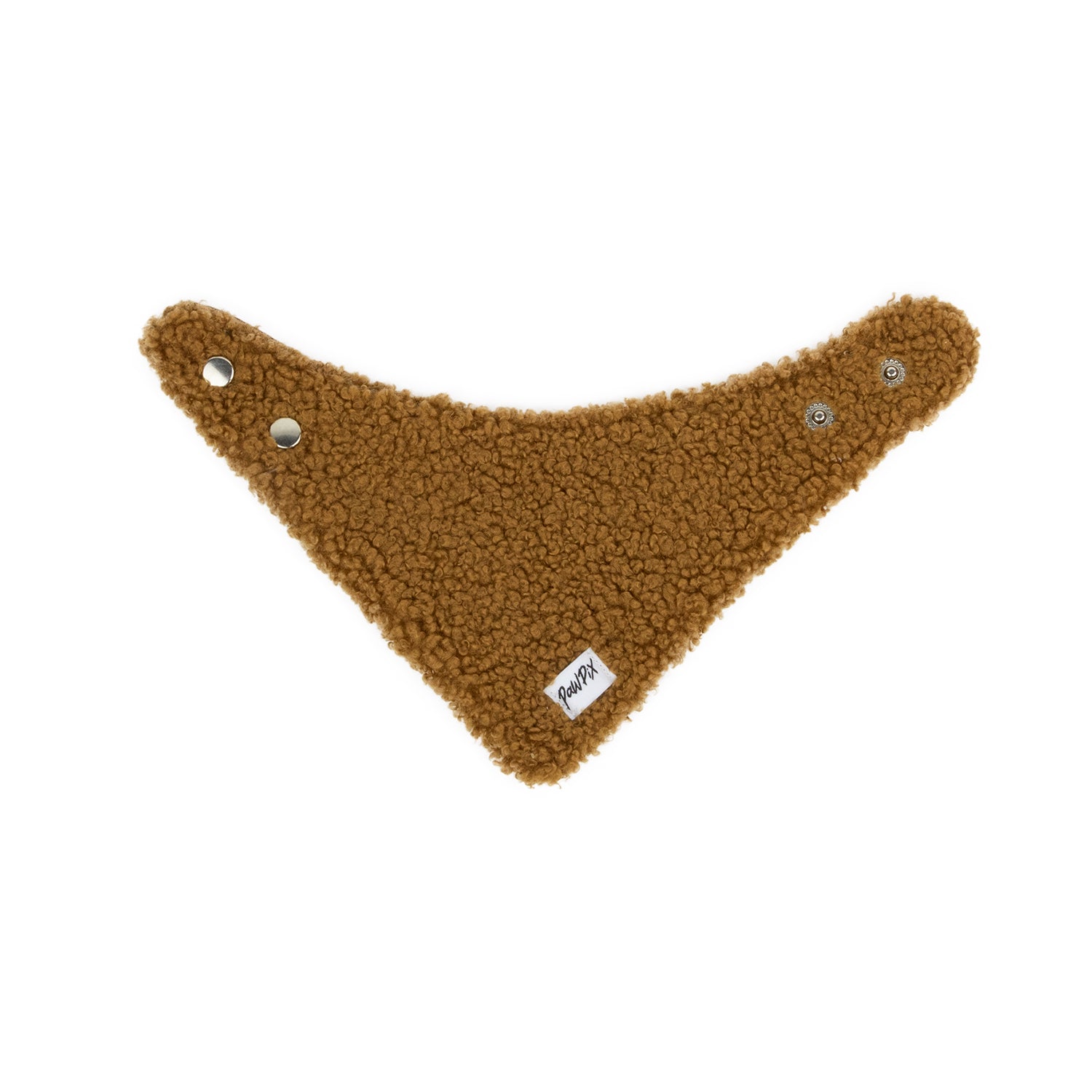Vue à plat du bandana Teddy en sherpa marron avec ses 2 boutons pression et son etiquette Pawpix
