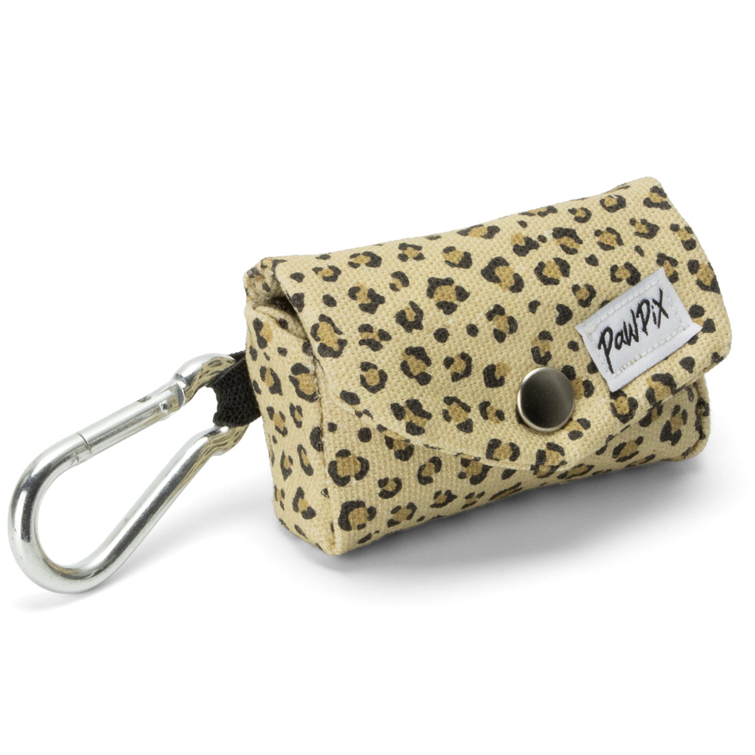 Avant de la pochette leopaw et son mtoif léopard. La pochette se ferme avec un bouton pression et peut etre accrocher à une laisse grâce à un mousqueton