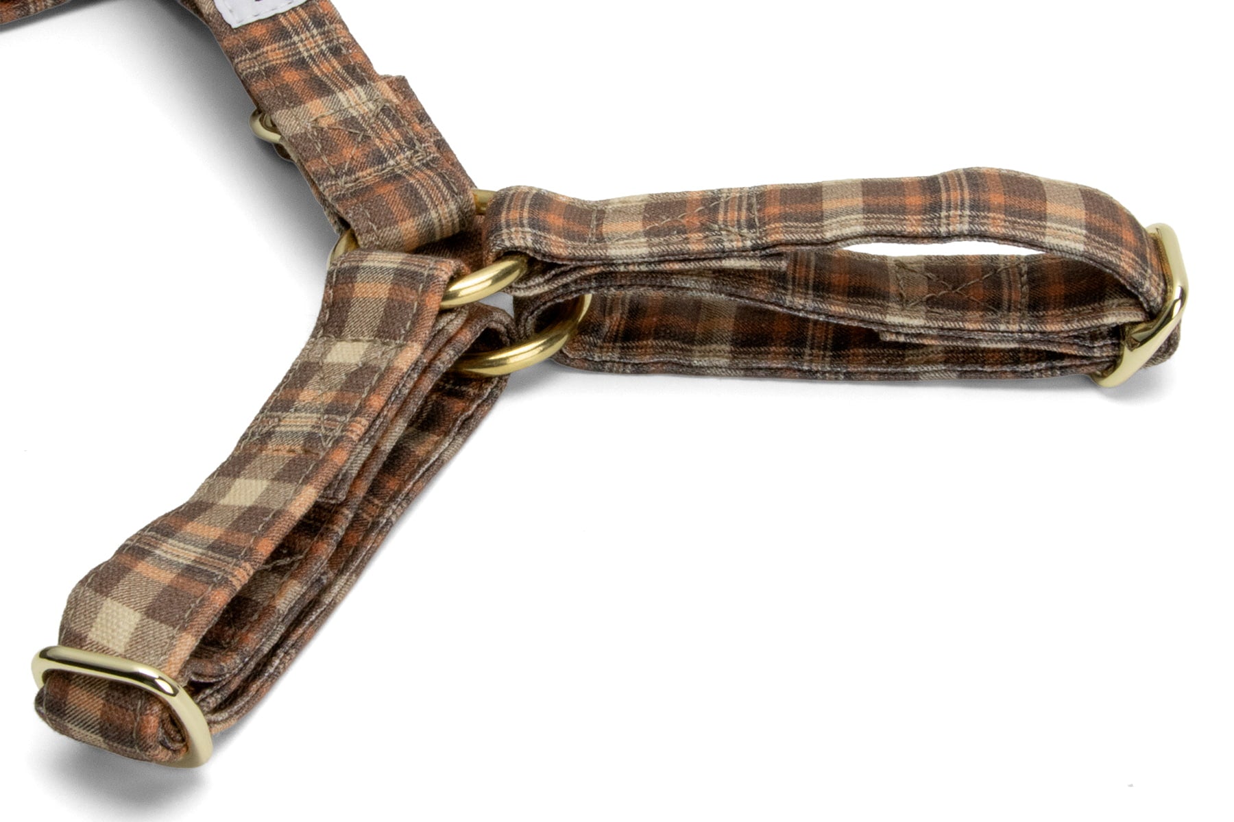 Gros plan sur les boucles du harnais en Y pour chien Scotty. Motif tartan marron, orange. Les boucles sont couleur or