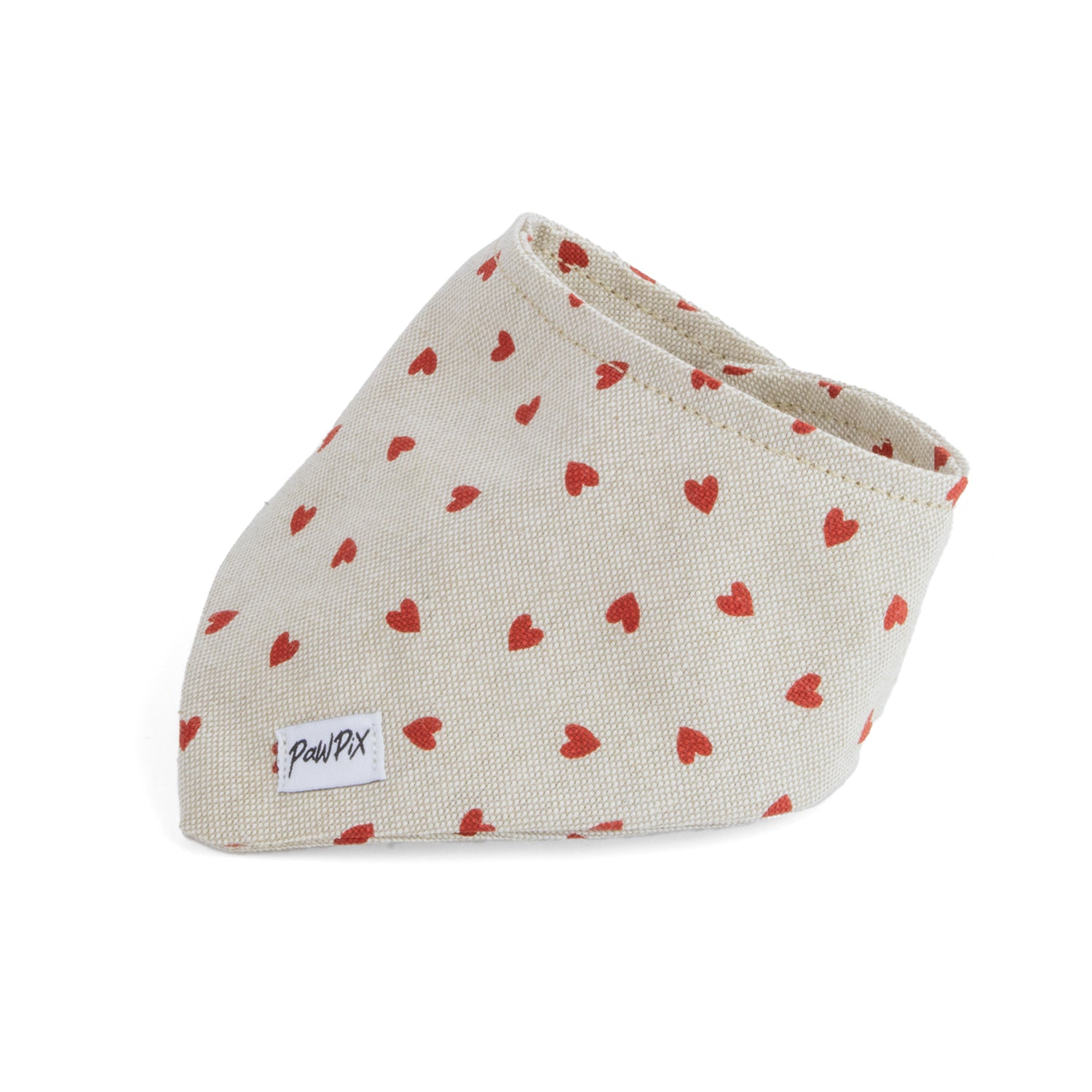 Bandana My Valentine pour chien avec un motif coeur rouge sur un tissu couleur beige/marron. 