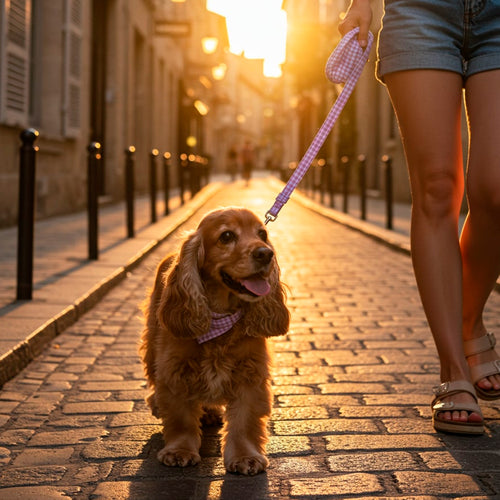Cocker anglais avec la laisse et le bandana Cigalou autour du cou. Le bandana et la laisse sont avec un motif vichy lavande et blanc 
