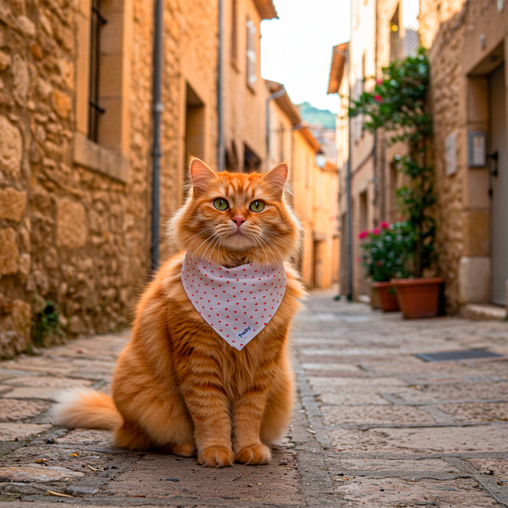 Chat roux à poil long dans une rue du Sud de la France avec un bandana Pawpix accroché autour de son cou. Le bandana est la version My Valentine avec un joli motif cœur rouge.  