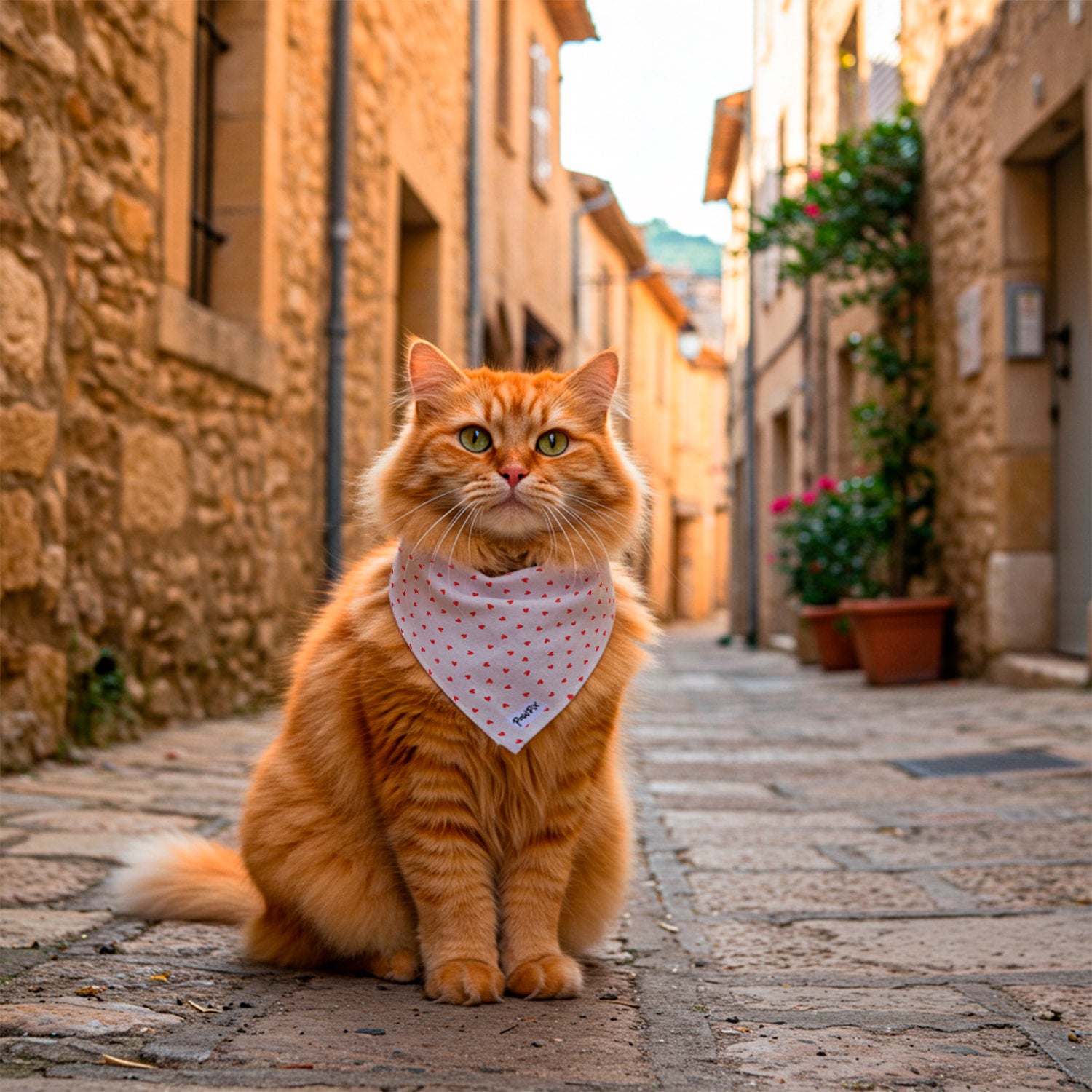 Chat roux à poil long dans une rue du Sud de la France avec un bandana Pawpix accroché autour de son cou. Le bandana est la version My Valentine avec un joli motif cœur rouge.  