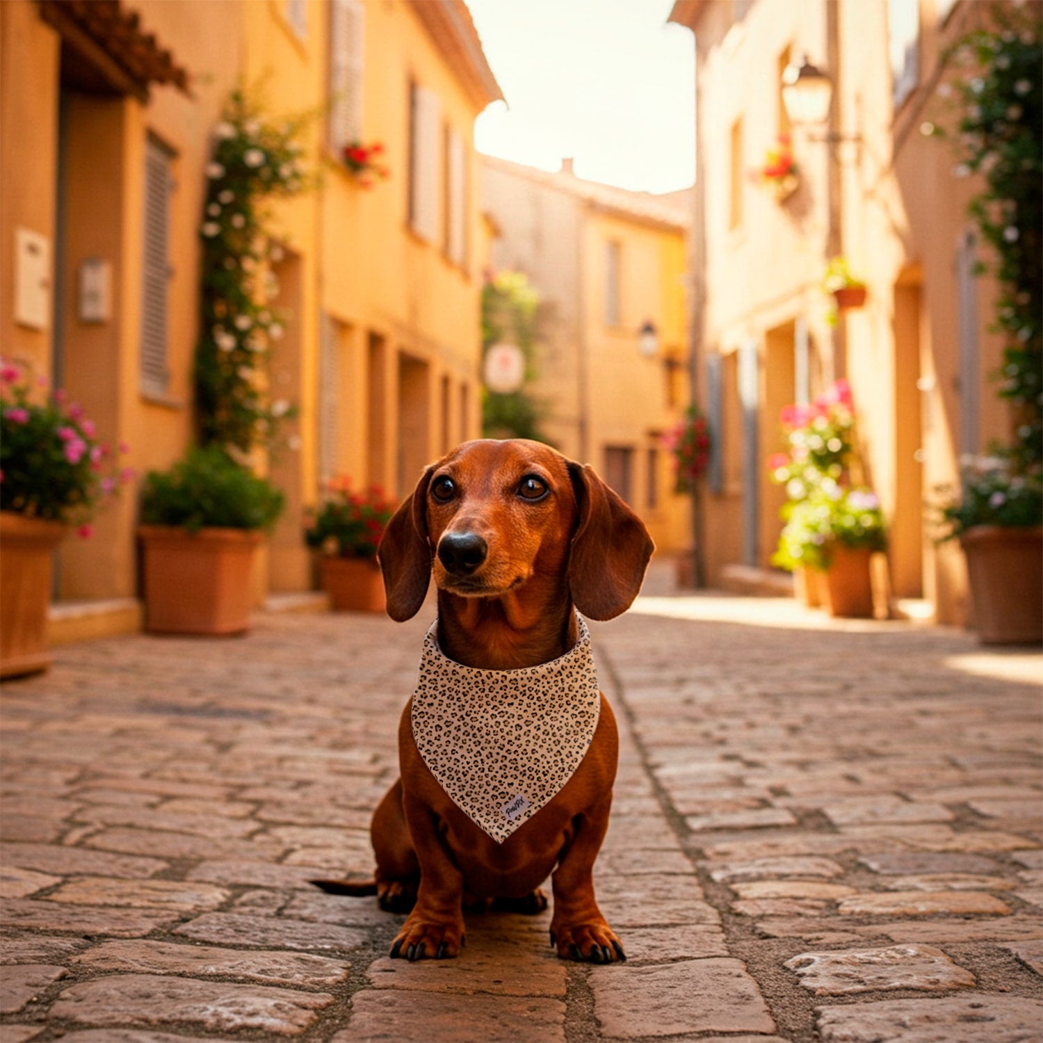 Bandana Leopaw autour du coup d'un Teckel dans une rue du Sud de la France. Le motif du bandana est un motif léopard plutot beige. 