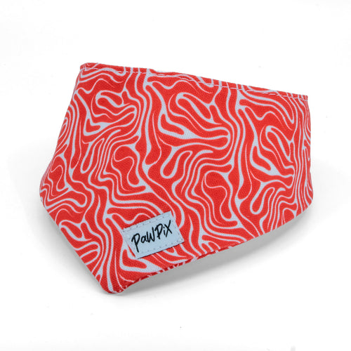 Vue rapprochée du bandana pour chien Cherry de Pawpix, et son motif rouge et blanc wavy. 
