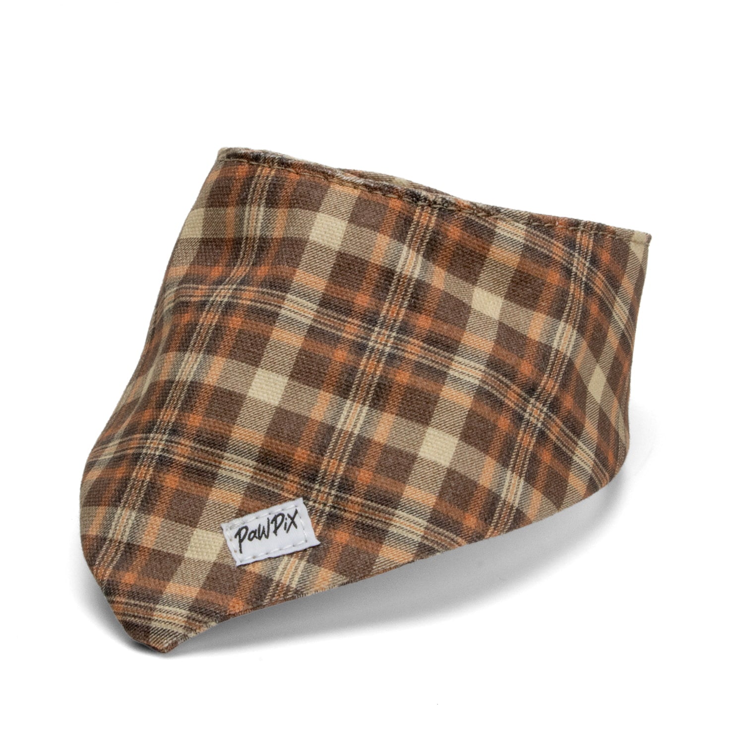 Bandana pour chien Scotty et son motif tartan marron/orange automnal. Le bandana se régle grâce à deux boutons pressions
