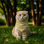 Petit chat type Scottish Fold avec le bandana pour chat Seaside autour du cou. Le bandana représente des motifs abstraits rappelant l'univers marin, le tout sur un fond jaune solaire. Le chat se trouve dans un jardin