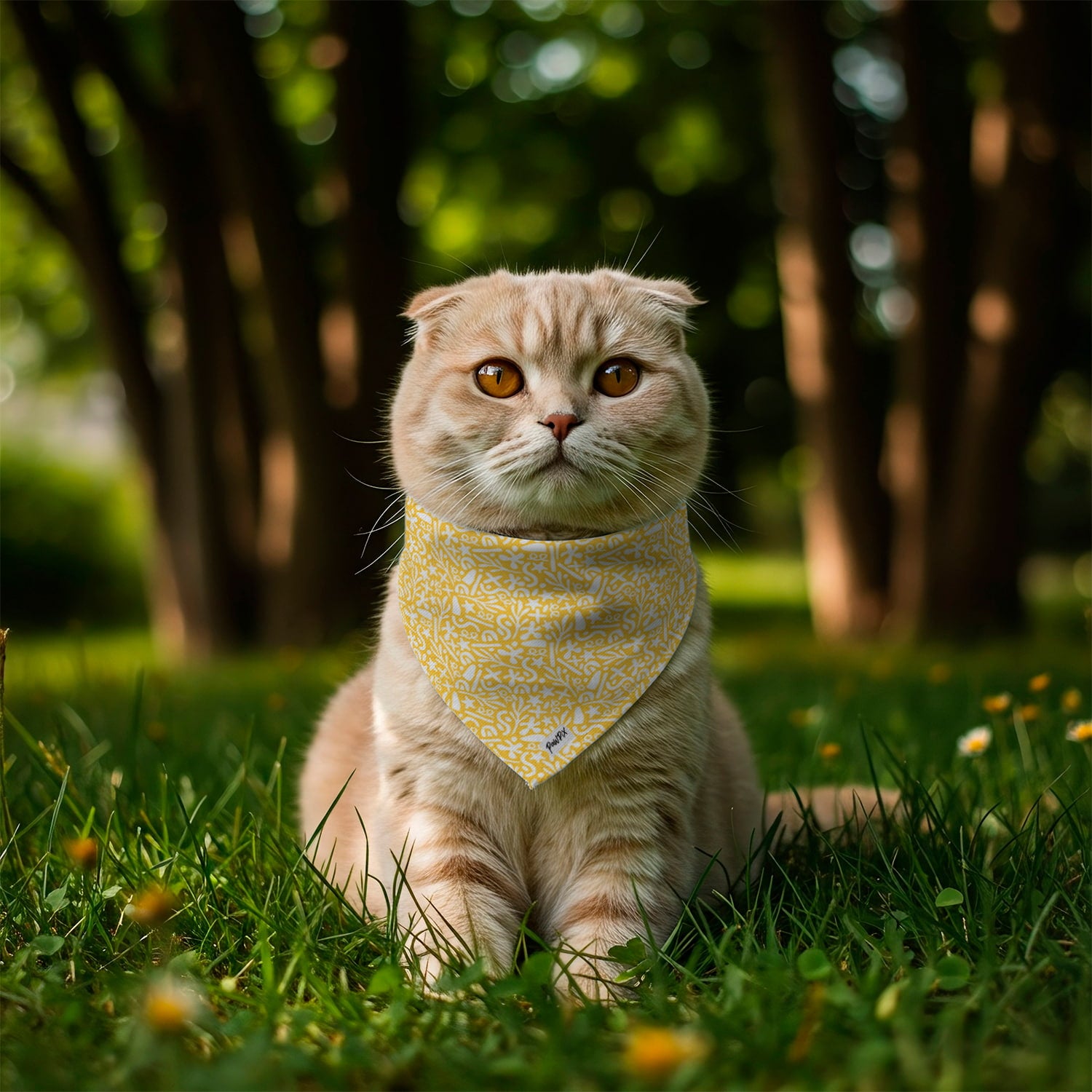 Petit chat type Scottish Fold avec le bandana pour chat Seaside autour du cou. Le bandana représente des motifs abstraits rappelant l'univers marin, le tout sur un fond jaune solaire. Le chat se trouve dans un jardin