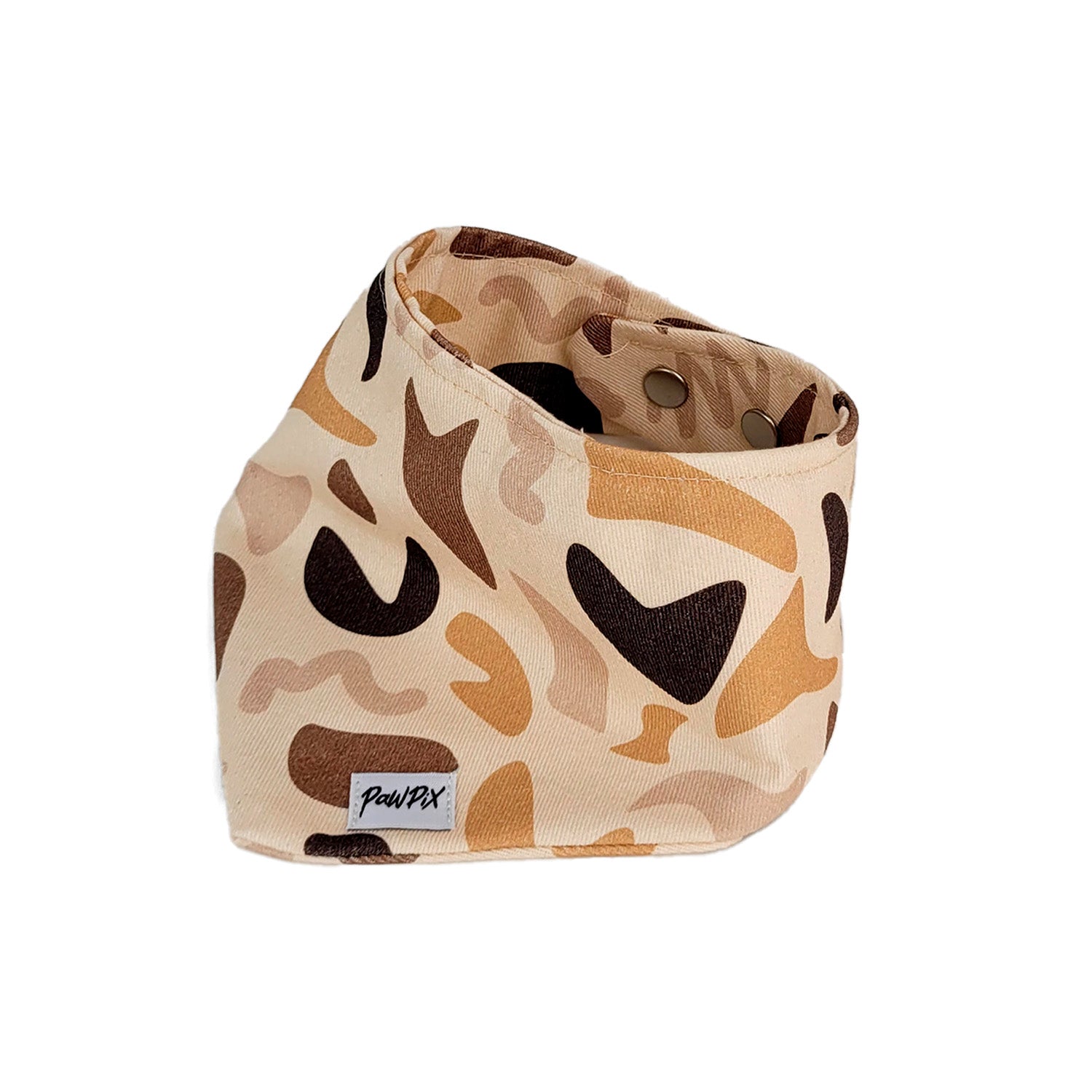 Bandana Chien Call of Pixie de PawPix taille S. Vue de 3/4. Motif géométrique organique déclinaison de rose et marron.