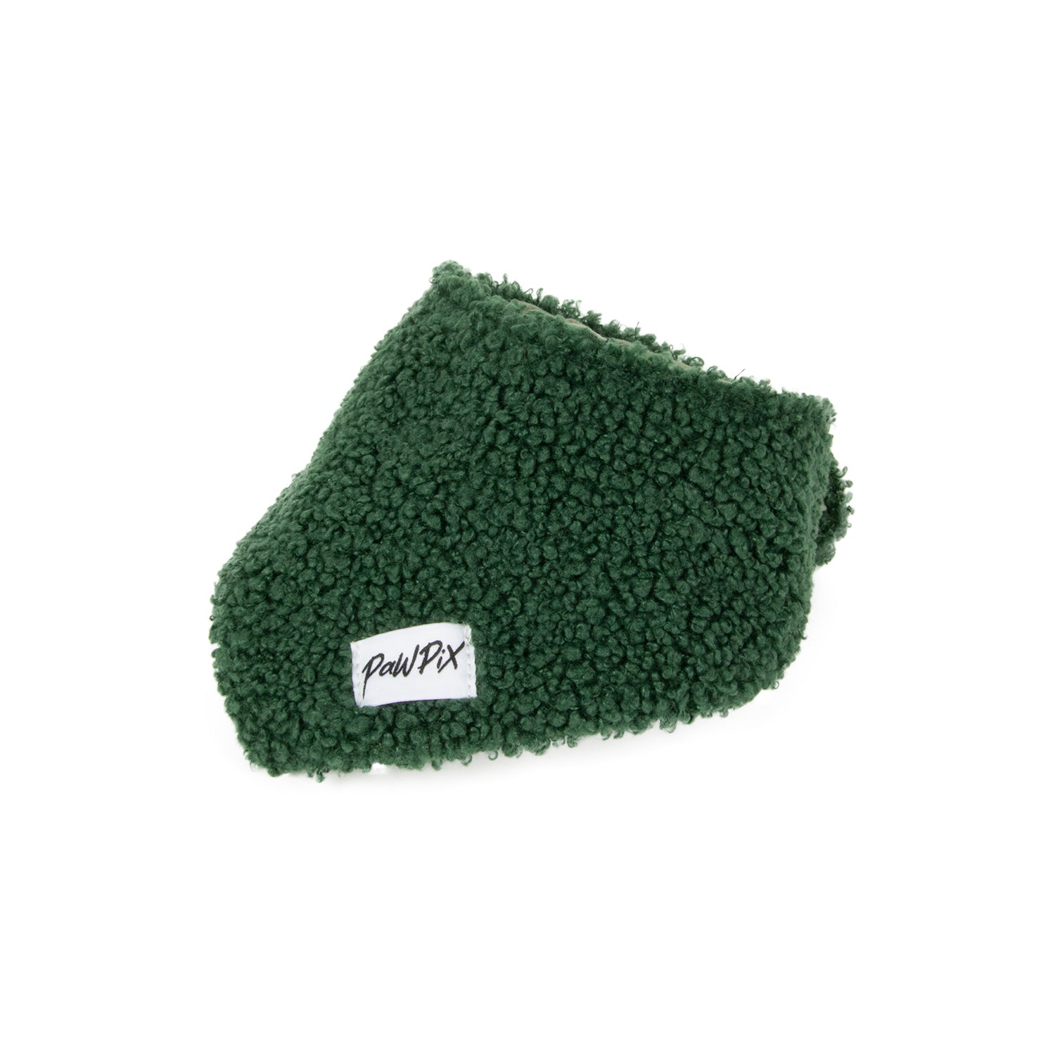 Vue de semi face du bandana Tinsel en sherpa vert . Taille petit pour chat. Intérieur en tissu coton Oeko Tex