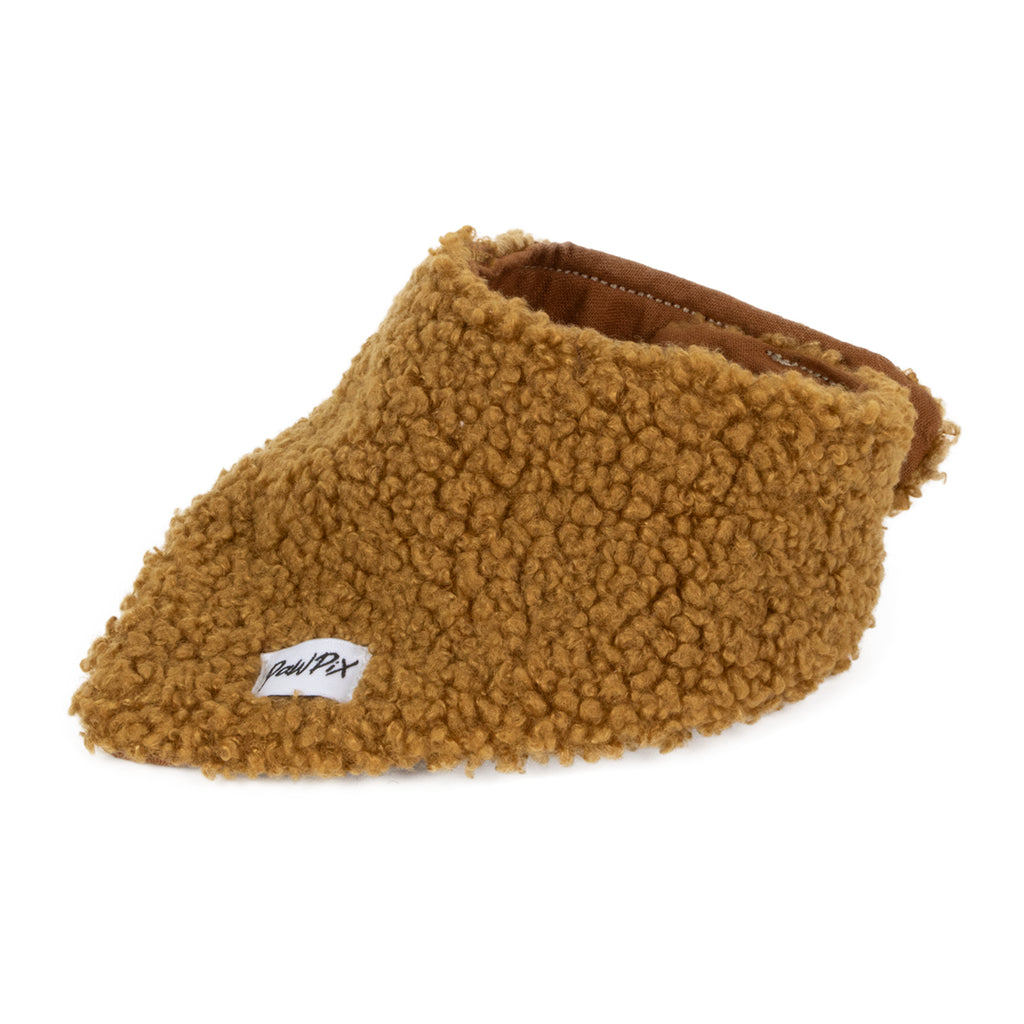 Vue 3/4 du bandana Teddy en sherpa marron. Taille grand chien. Intérieur en tissu coton Oeko Tex