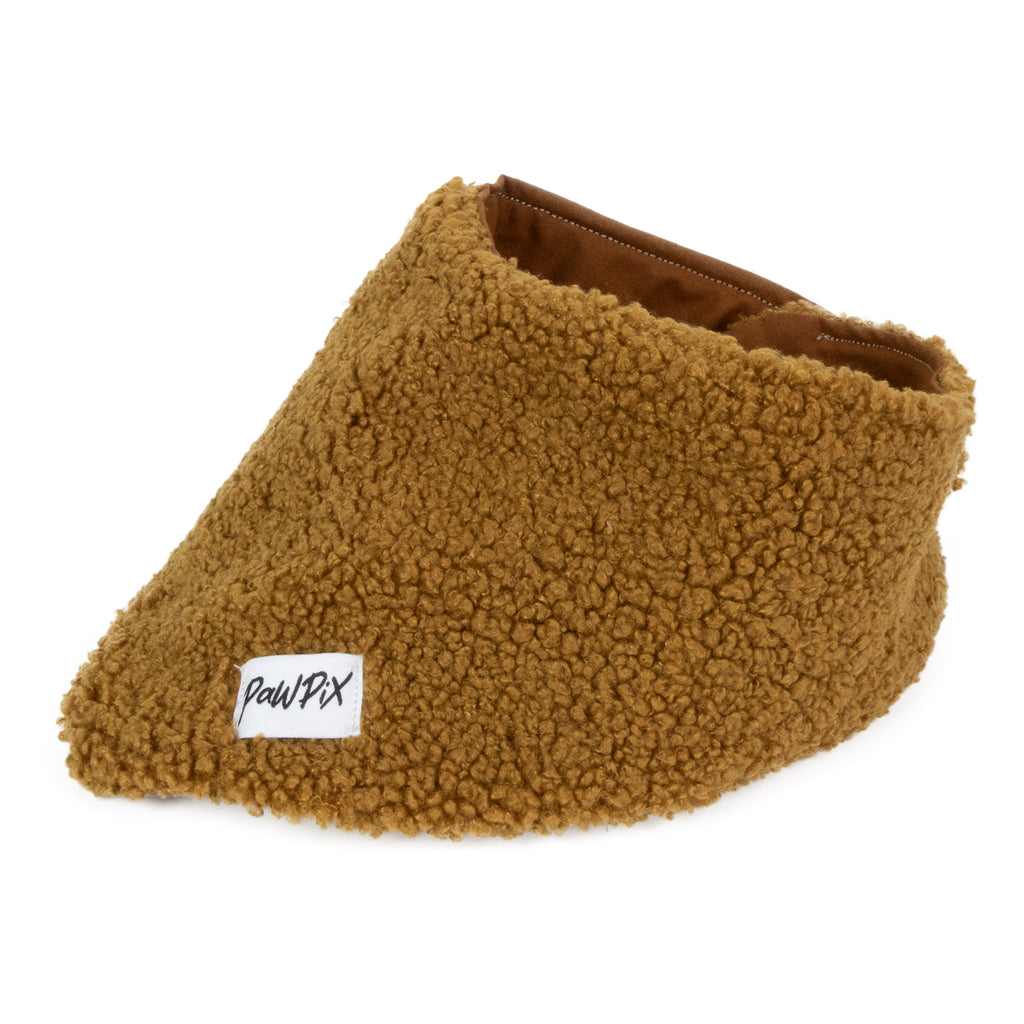 Vue 3/4 du bandana Teddy en sherpa marron. Taille très grand chien. Intérieur en tissu coton Oeko Tex