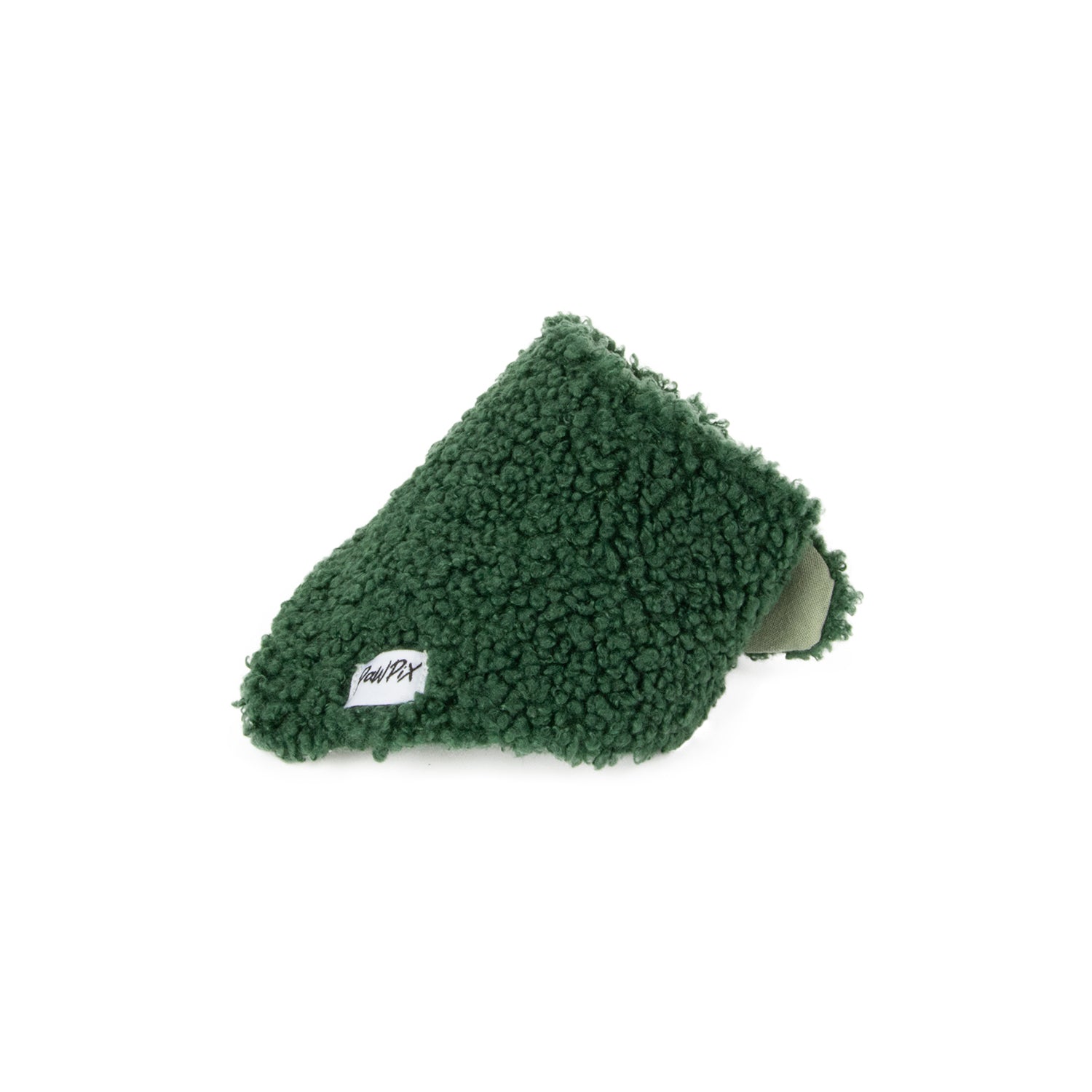 Vue 3/4 du bandana Tinsel en sherpa vert . Taille mini pour chat. Intérieur en tissu coton Oeko Tex