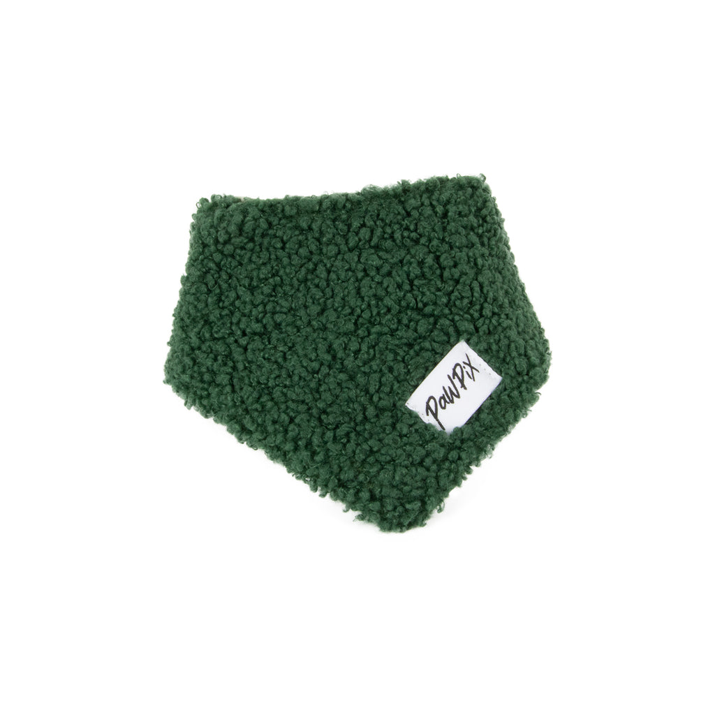 Vue de face du bandana Tinsel en sherpa vert avec etiquette Pawpix 