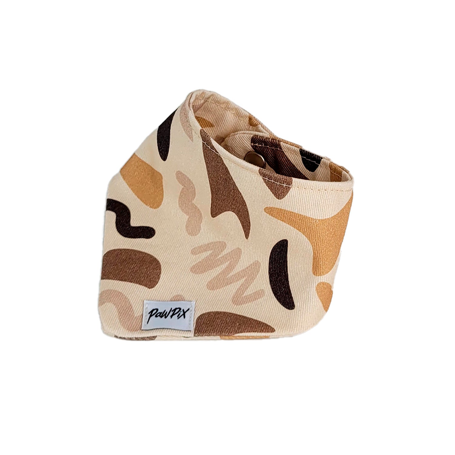 Bandana Chien Call of Pixie de PawPix taille XS. Vue de 3/4. Motif géométrique organique déclinaison de rose et marron.
