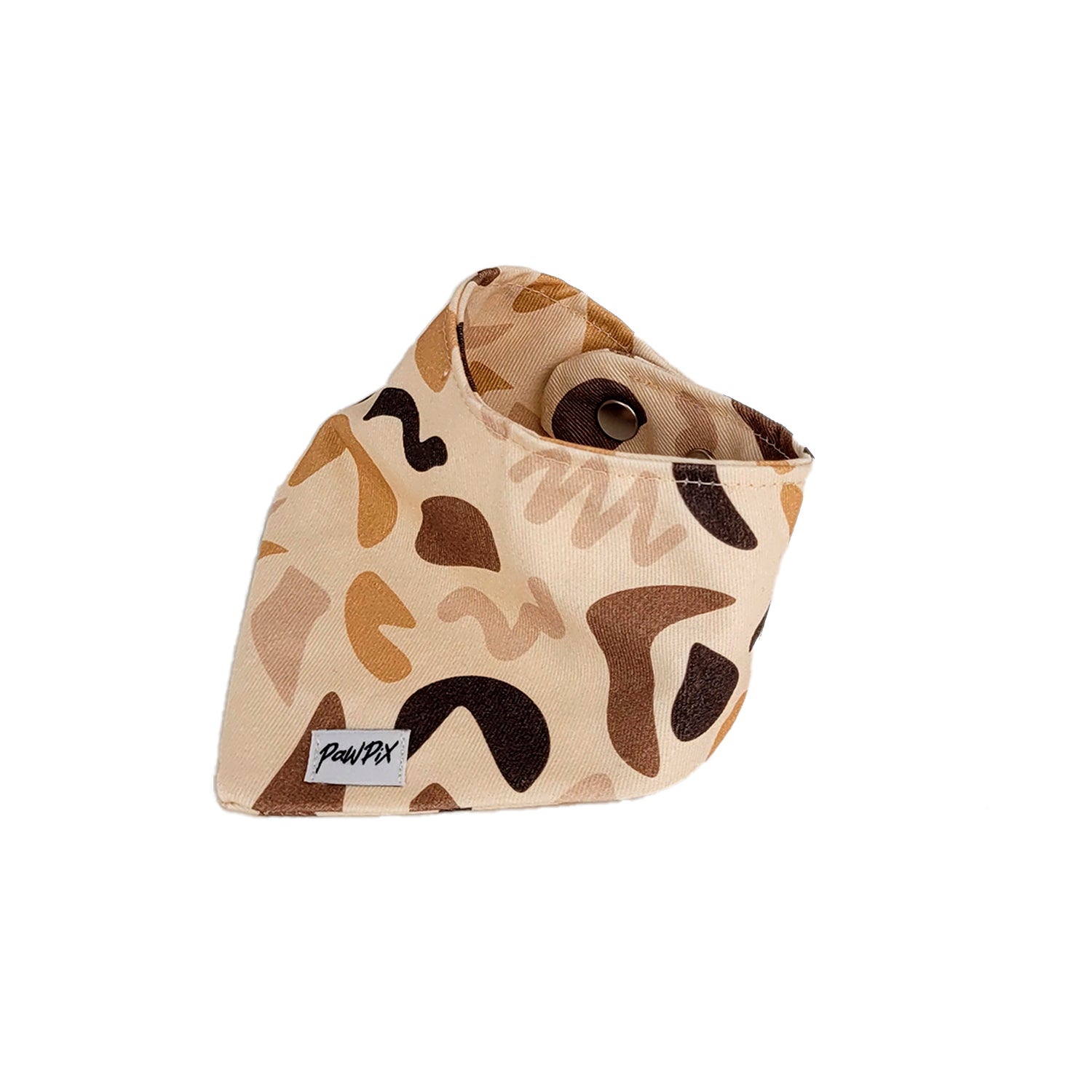 Bandana Chien Call of Pixie de PawPix taille XXS. Vue de 3/4. Motif géométrique organique déclinaison de rose et marron.