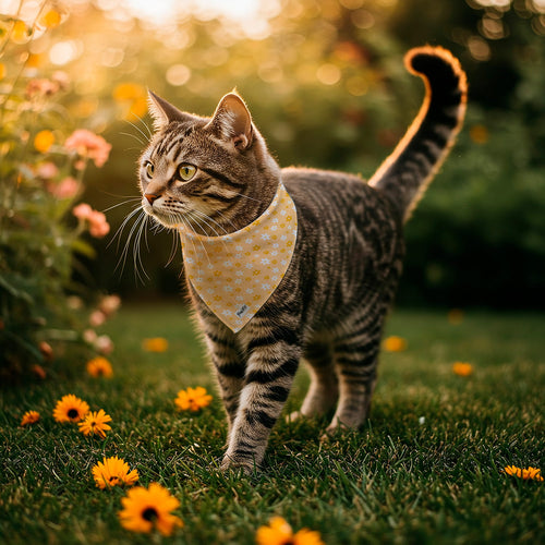 Chat tigré portant le bandana pour chat Peachy Daisies. Le motif du bandana représente des marguerites blanches et jaunes sur un fond couleur pêche. 