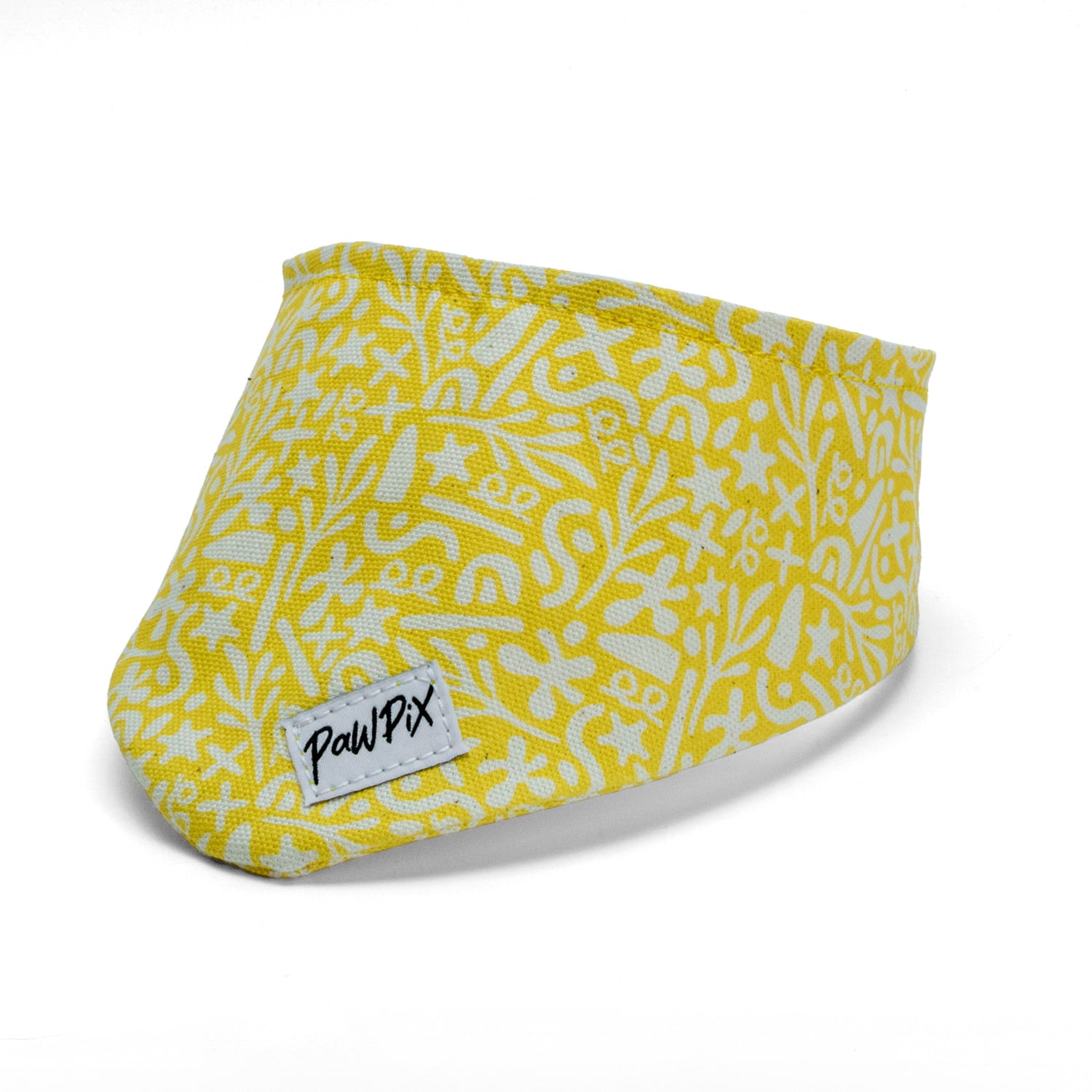 Bandana pour chien Seaside de Pawpix et son motif marin abstrait blanc sur fond jaune. Le bandana s'accroche grâce à des boutons pressions et est disponible pour mini et maxi chien