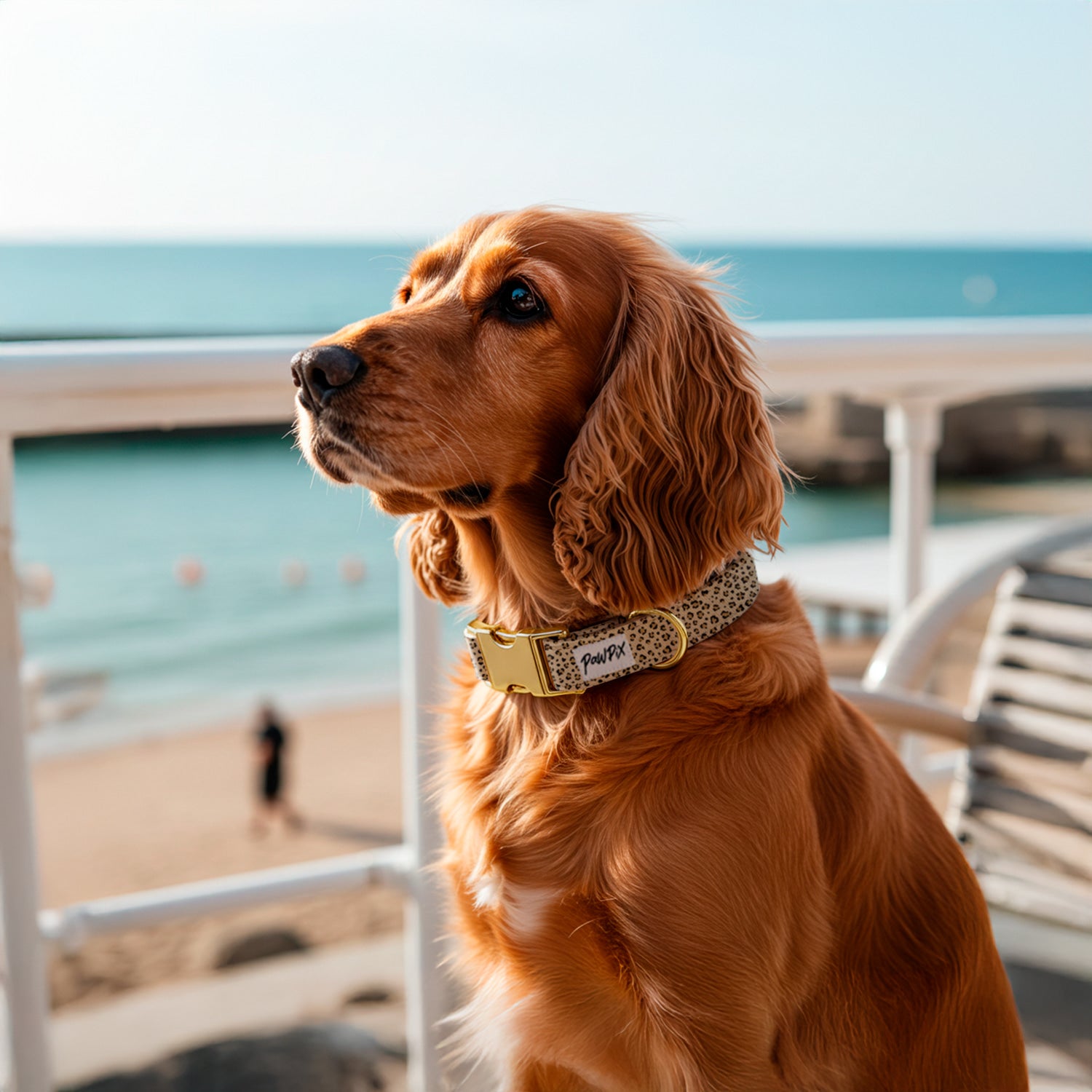Collier pour chien Leopaw porté par un cocker anglais au bord de la mer. Le collier est avec un motif léopard beige, et une boucle clips, ainsi qu'un anneau en D couleur or. 