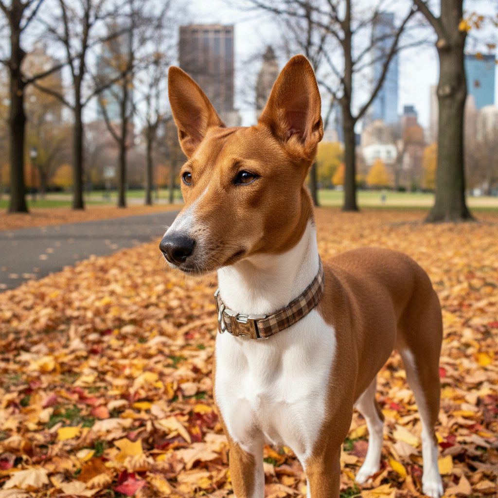 Basenji portant le collier pour chien Scotty de Pawpix. Motif tartan marron et orange écossais avec des boucles couleur argent
