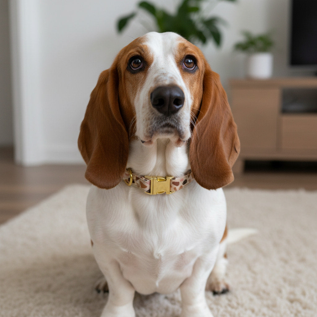 Basset Hund portant le collier pour chien Pawpino de Pawpix. Motif terrazzo rose et marron avec des boucles couleur or