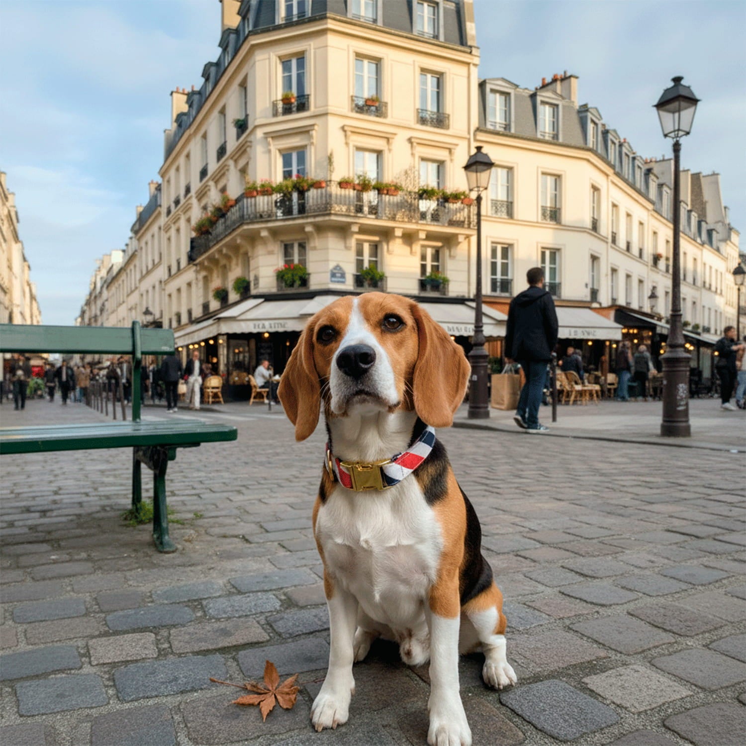 Beagle portant le collier pour chien Pawtriote de Pawpix. Motif rayé tricolore avec des boucles couleur or