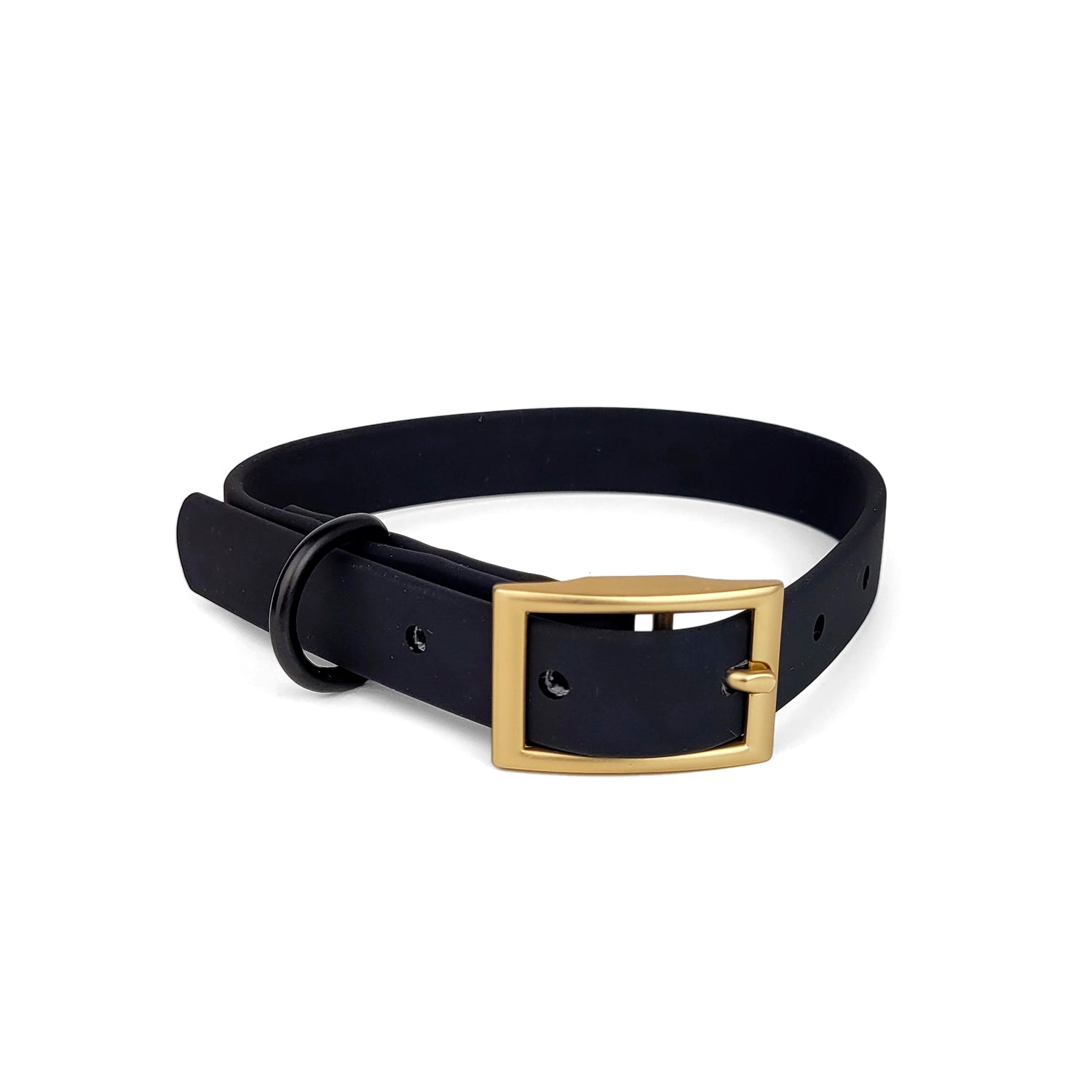 Collier en biothane Shadow de Pawpix. Couleur noir mat avec une boucle doré mat.