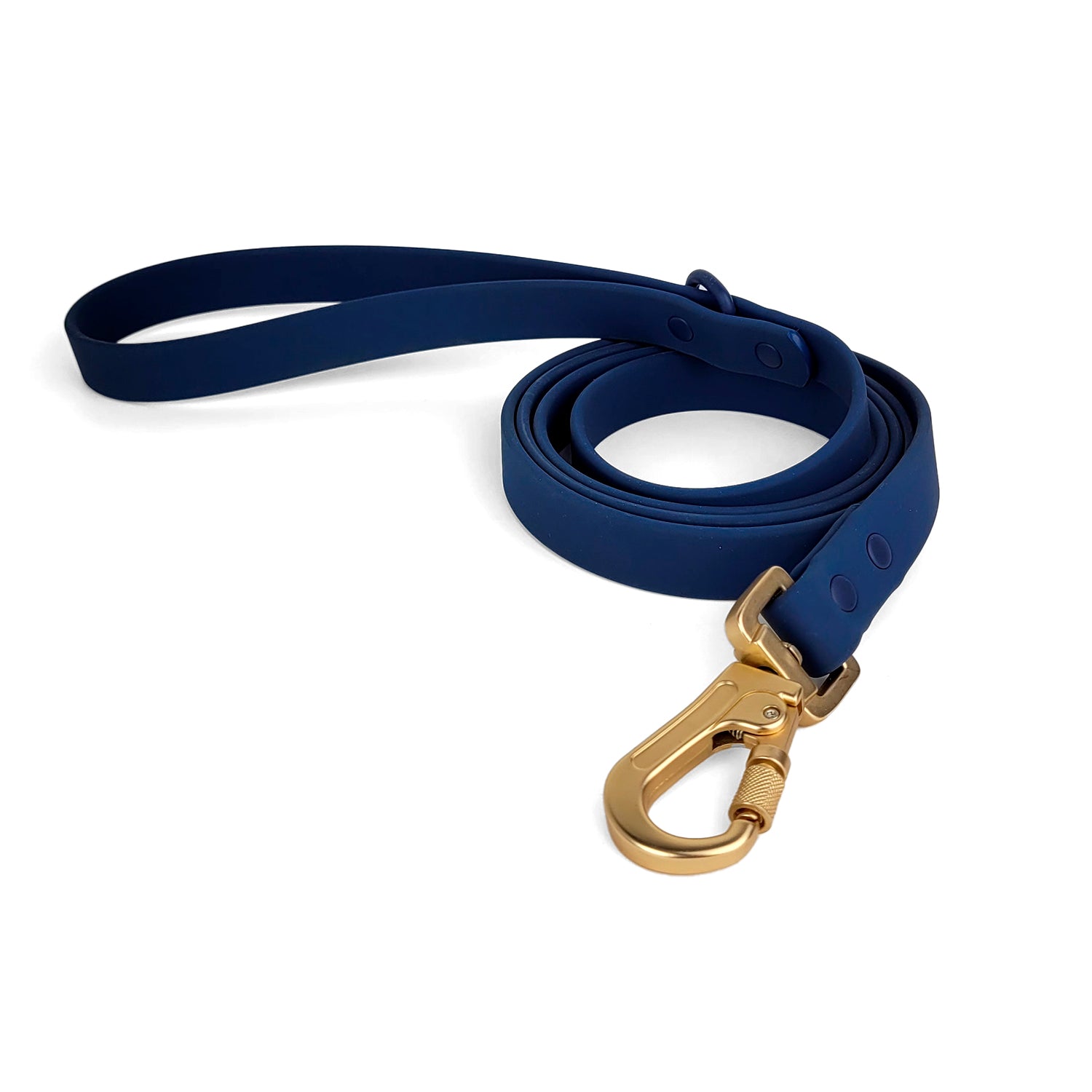 Laisse en biothane Navy de PawPix. Couleur bleu navy. Vue globale de la laisse avec mousqueton sécurité couleur doré mat