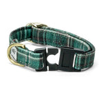 Collier pour chat Nessie avec sa boucle anti étranglement et son motif tartan à carreaux vert et noir écossais.  Le collier comporte également un anneau en D ainsi qu'une boucle de reglage couleur or clair. La boucle anti-étranglement est ouverte 