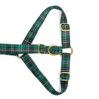 Gros plan de la boucle anti-traction du harnais en Y pour chien Nessie et son motif tartan vert écossais. Les boucles sont couleurs or