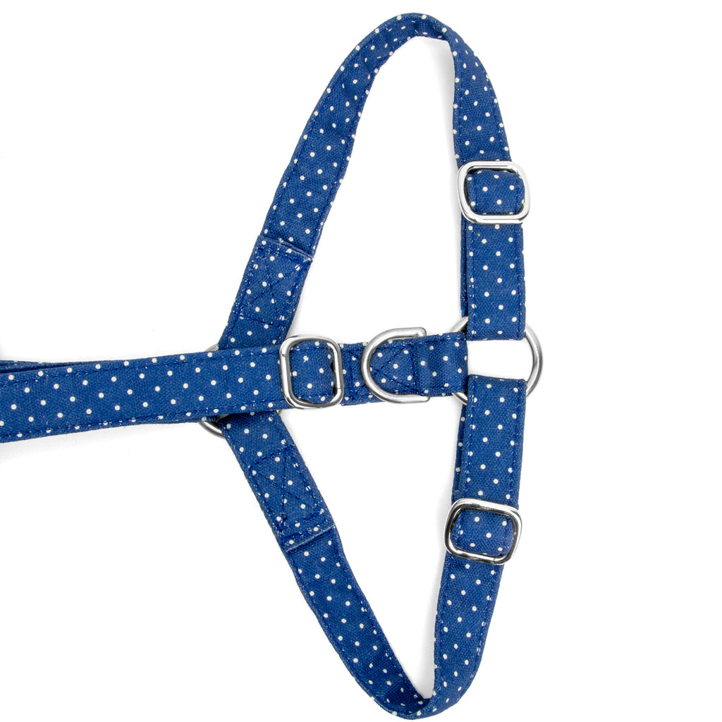 Gros plan de la boucle anti-traction du harnais en Y pour chien Polaris et son motif pois blanc sur fond bleu. Les boucles sont couleurs argent