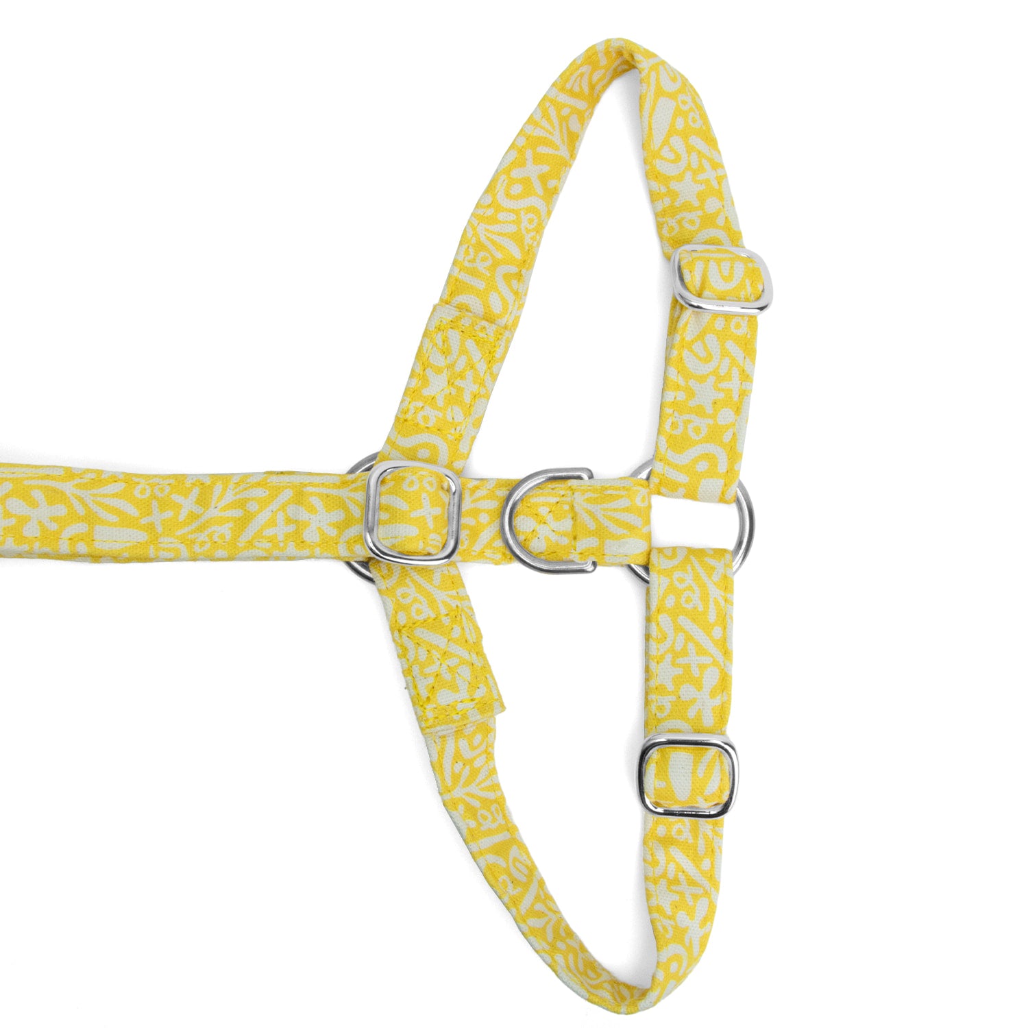 Vue à plat du dessous de harnais pour chien Seaside et la mise en avant de la boucle anti-traction argenté