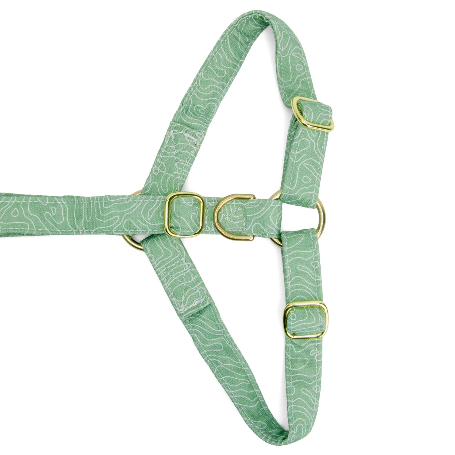 Vue à plat du dessous de harnais pour chien Topo  et la mise en avant de la boucle anti-traction couleur or