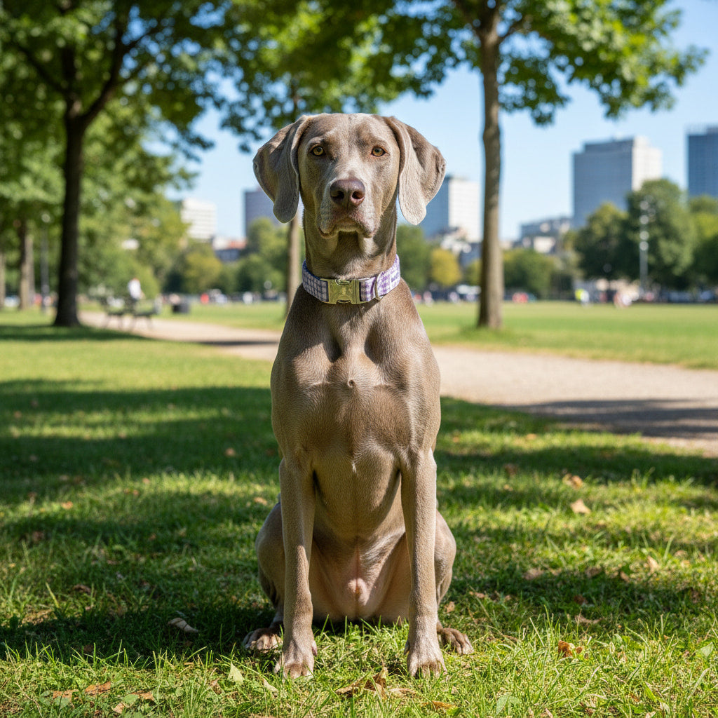 Braque de Weimar portant le collier pour chien Cigalou de Pawpix. Motif vichy lavande et blanc avec des boucles couleur or