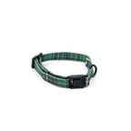 Collier Nessie pour chat taille chaton. Motif tartan à carreaux vert écossais avec une boucle de sécurité anti-étranglement et une boucle d'ajustement. 