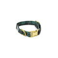 Collier pour chien Nessie mini. Motif à carreaux tartan écossais vert avec une boucle clip couleur or, un anneau D pour attacher une laisse et une boucle pour régler la taille du collier